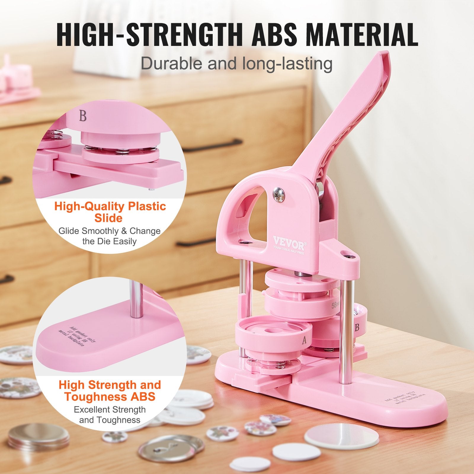 Gardening Tools: VEVOR Button Maker, 1/1.25/2.28 inch(25/32/58mm) 3-IN-1 Pin Maker, 300pcs Button Parts, Button Maker Machine with Panda Magic Book, Ergonomic Arc Handle Punch Press Kit, For Children DIY Gifts, Pink