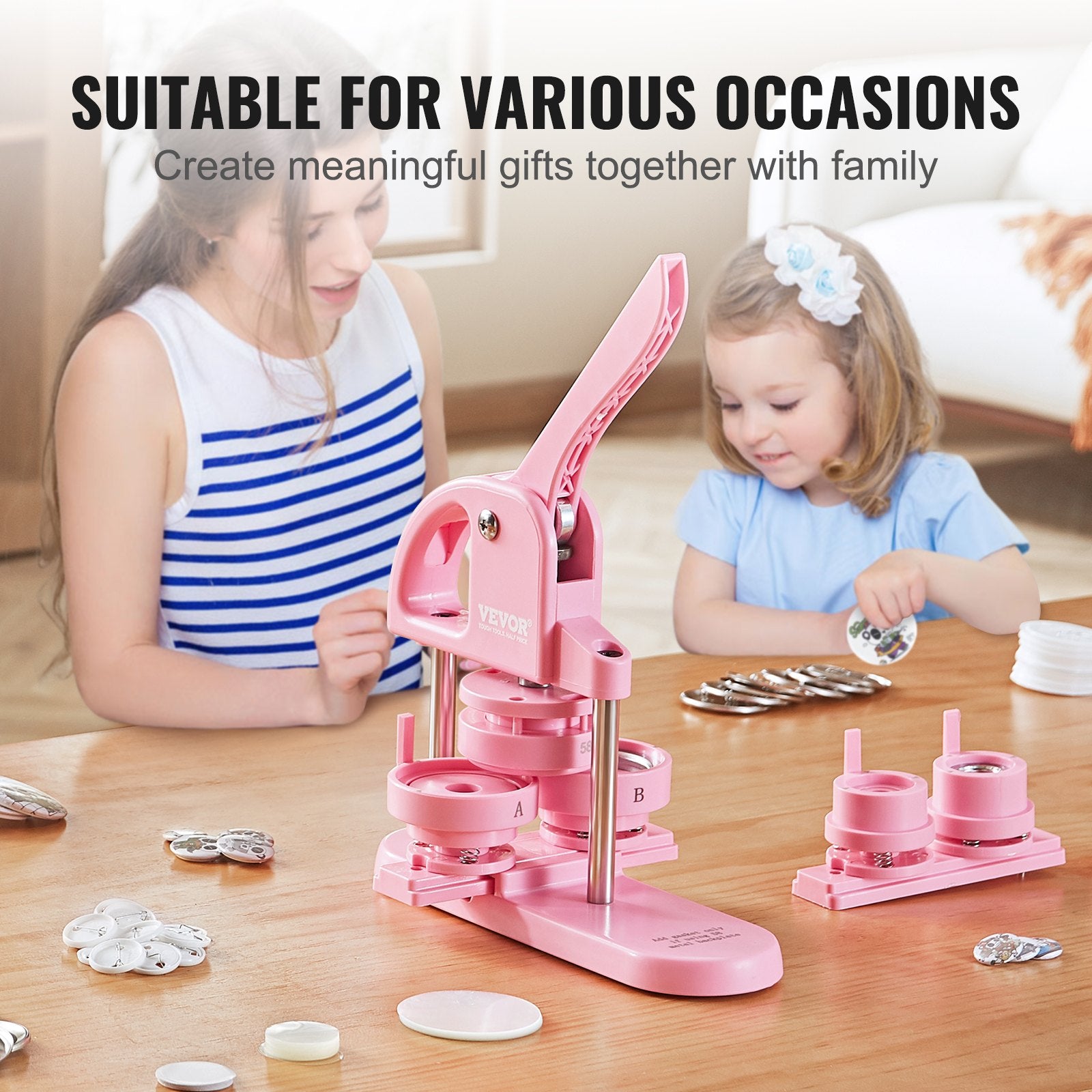 Gardening Tools: VEVOR Button Maker, 1/1.25/2.28 inch(25/32/58mm) 3-IN-1 Pin Maker, 300pcs Button Parts, Button Maker Machine with Panda Magic Book, Ergonomic Arc Handle Punch Press Kit, For Children DIY Gifts, Pink