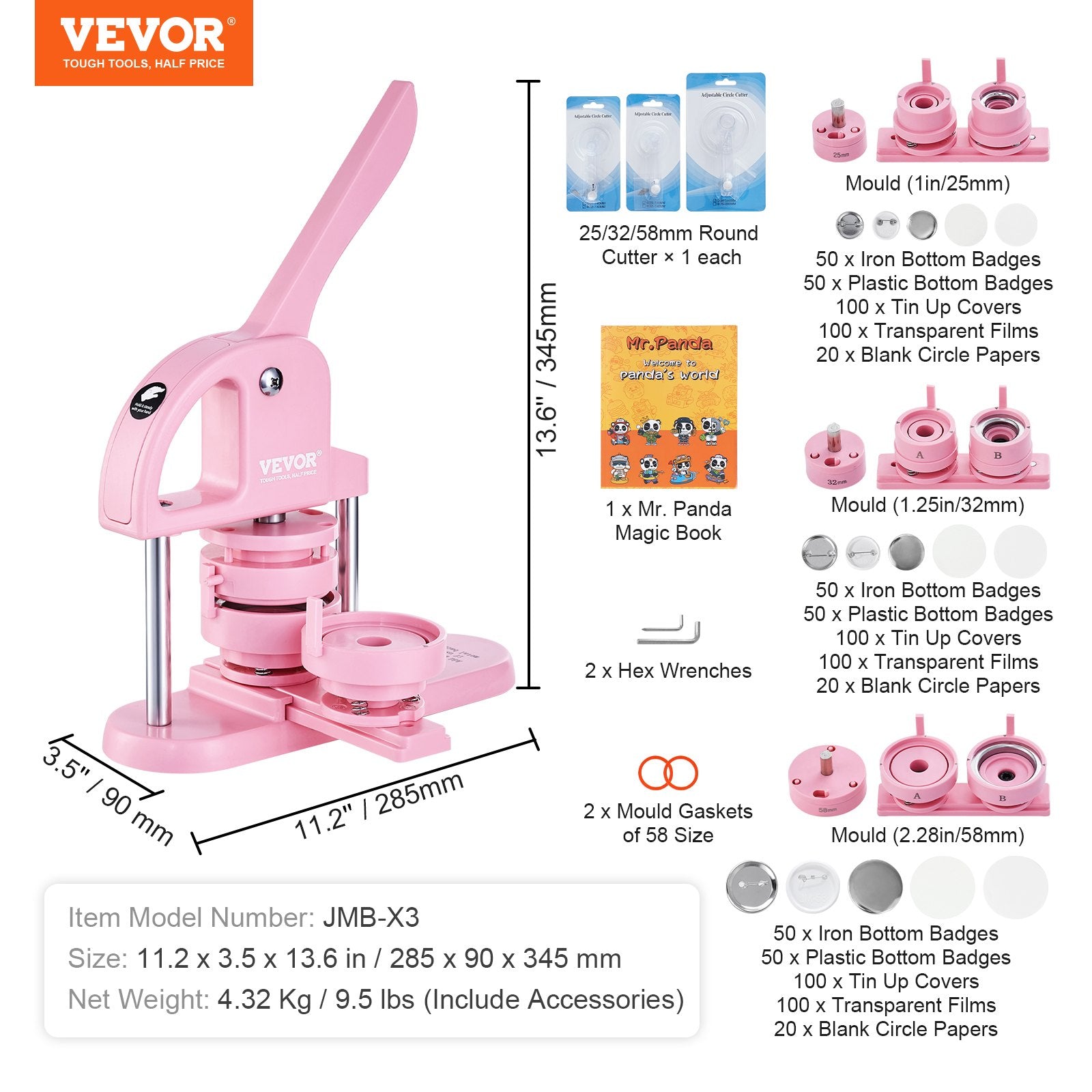 Gardening Tools: VEVOR Button Maker, 1/1.25/2.28 inch(25/32/58mm) 3-IN-1 Pin Maker, 300pcs Button Parts, Button Maker Machine with Panda Magic Book, Ergonomic Arc Handle Punch Press Kit, For Children DIY Gifts, Pink