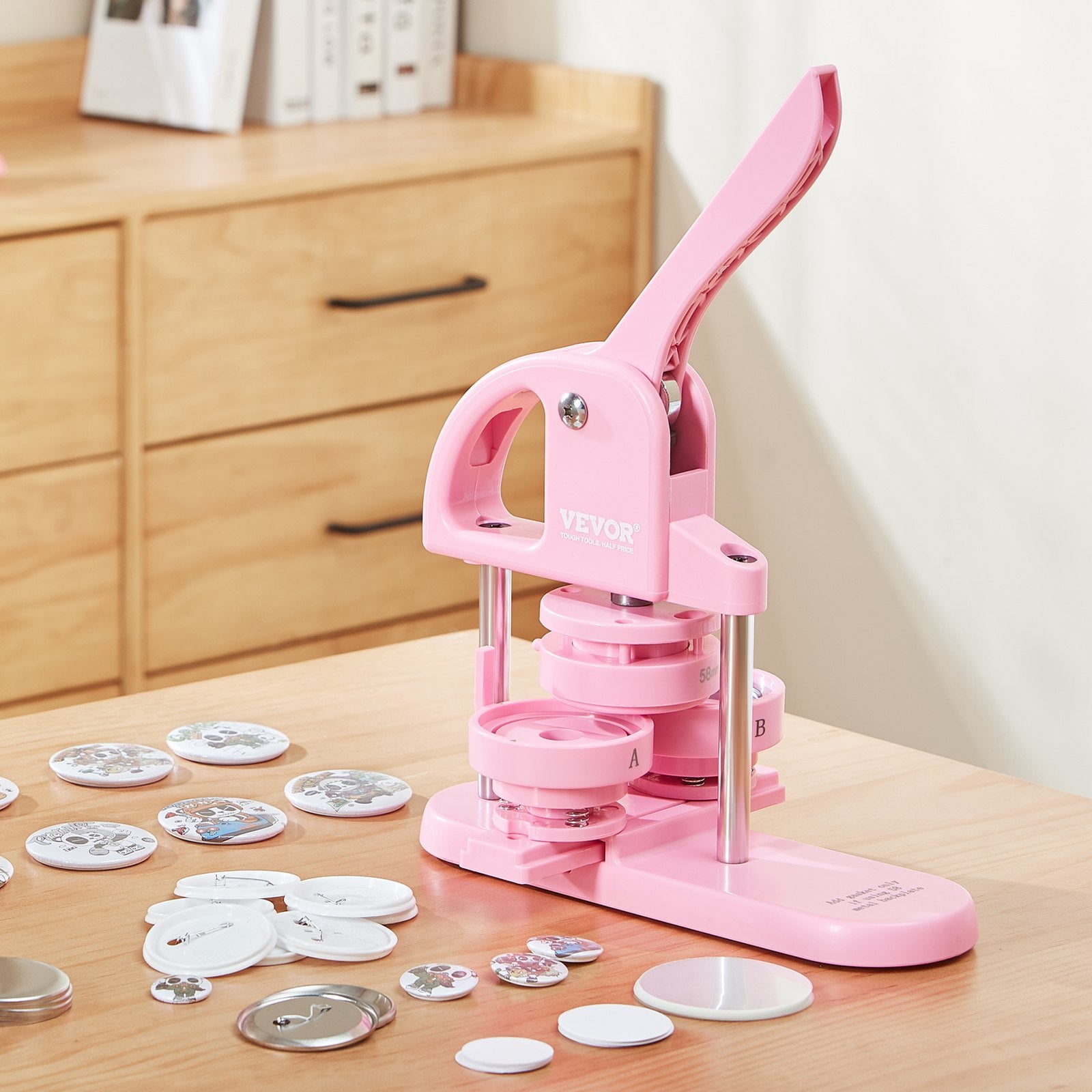 Gardening Tools: VEVOR Button Maker, 1/1.25/2.28 inch(25/32/58mm) 3-IN-1 Pin Maker, 300pcs Button Parts, Button Maker Machine with Panda Magic Book, Ergonomic Arc Handle Punch Press Kit, For Children DIY Gifts, Pink