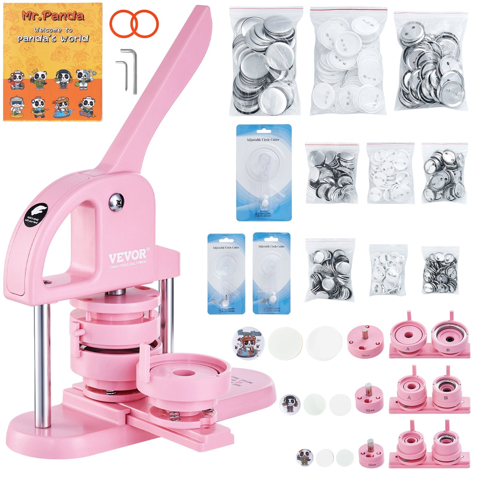 Gardening Tools: VEVOR Button Maker, 1/1.25/2.28 inch(25/32/58mm) 3-IN-1 Pin Maker, 300pcs Button Parts, Button Maker Machine with Panda Magic Book, Ergonomic Arc Handle Punch Press Kit, For Children DIY Gifts, Pink