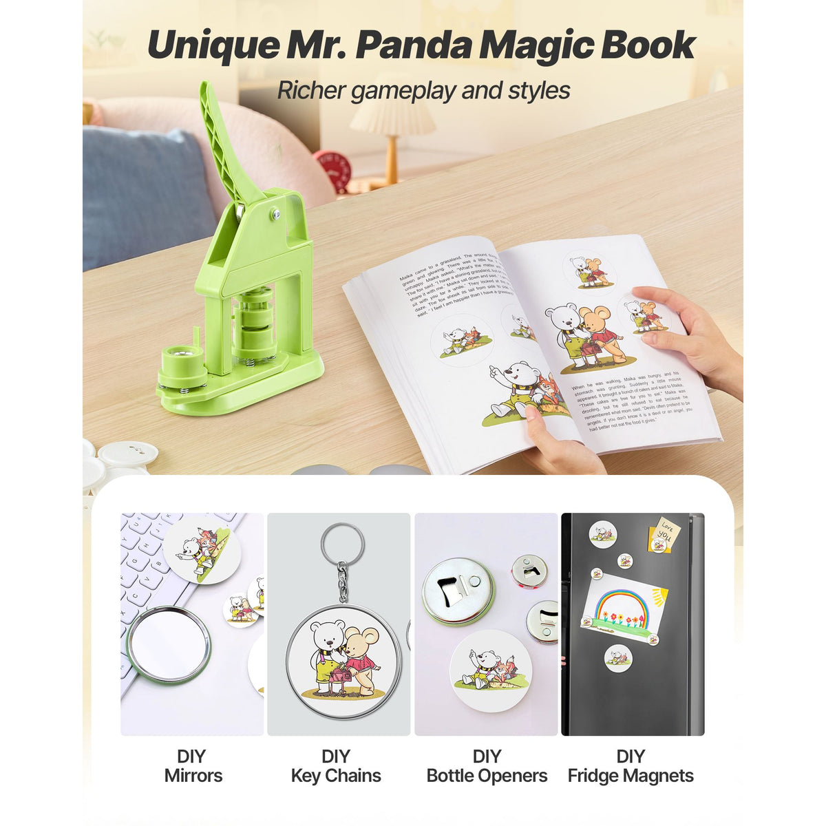 Button Maker Machine, 25 mm, Plastic Pin Maker with 500pcs Button Parts, Mr. Panda Magic Book, Circle Cutter and Hex Wrenches, Reinforced Ergonomic Handle, for DIY Badges, Personalized Pins