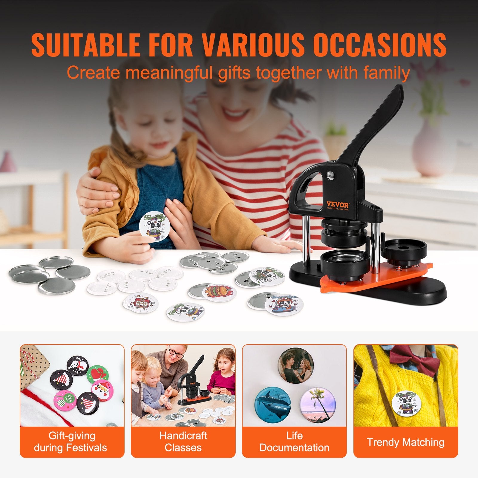 Hand Tools: VEVOR Button Maker Machine, 2.28 inch/58mm Pin Maker, Installation-Free Badge Punch Press Kit, Children DIY Gifts Button Making Supplies with 100pcs Button Parts, Circle Cutter, Magic Book