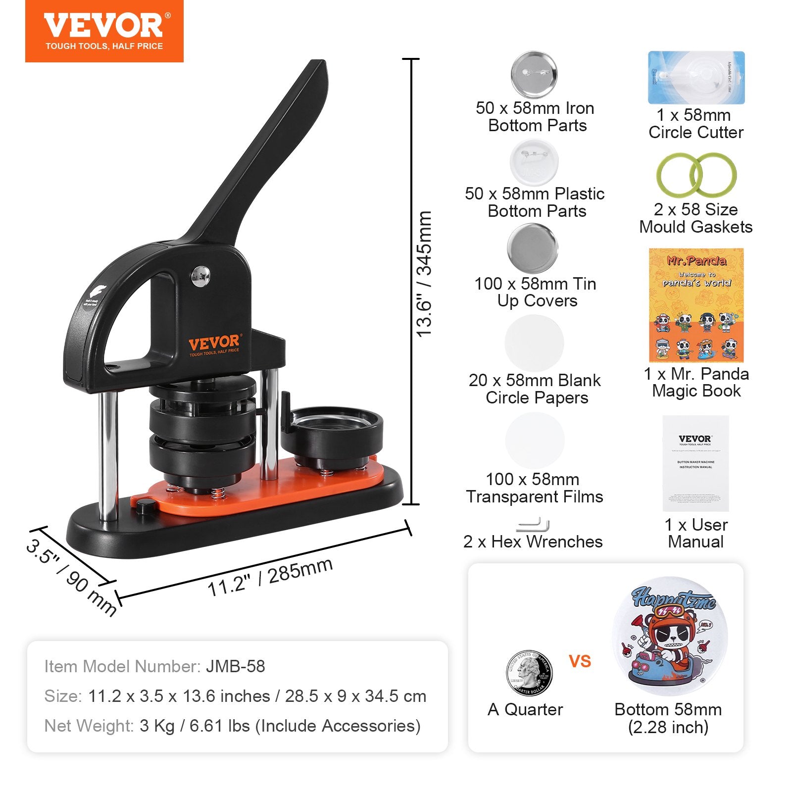 Hand Tools: VEVOR Button Maker Machine, 2.28 inch/58mm Pin Maker, Installation-Free Badge Punch Press Kit, Children DIY Gifts Button Making Supplies with 100pcs Button Parts, Circle Cutter, Magic Book