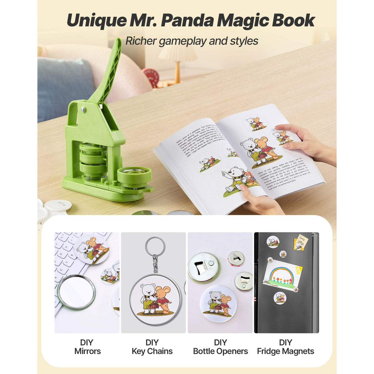 Button Maker Machine, 58 mm, Plastic Pin Maker with 100pcs Button Parts, Mr. Panda Magic Book, Circle Cutter and Hex Wrenches, Reinforced Ergonomic Handle, for DIY Badges, Personalized Pins