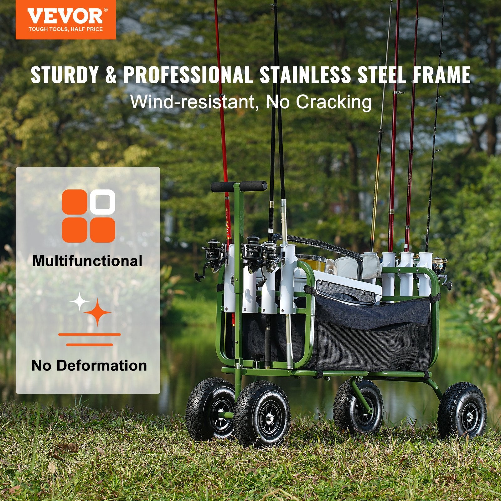 Kitchen & Dining Trolleys: VEVOR Beach Fishing Cart, 136kg Load Capacity, Foldable Fish and Marine Cart with Four 280mm Big Wheels Rubber Balloon Tires, Heavy-Duty Steel Pier Wagon Trolley with 8 Rod Holders for Picnic