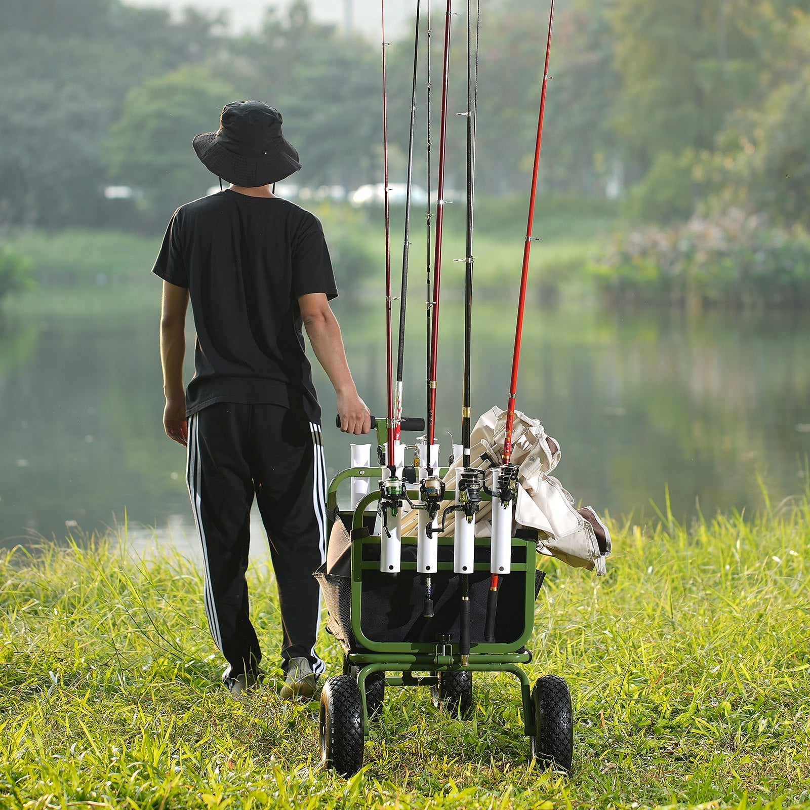 Kitchen & Dining Trolleys: VEVOR Beach Fishing Cart, 136kg Load Capacity, Foldable Fish and Marine Cart with Four 280mm Big Wheels Rubber Balloon Tires, Heavy-Duty Steel Pier Wagon Trolley with 8 Rod Holders for Picnic