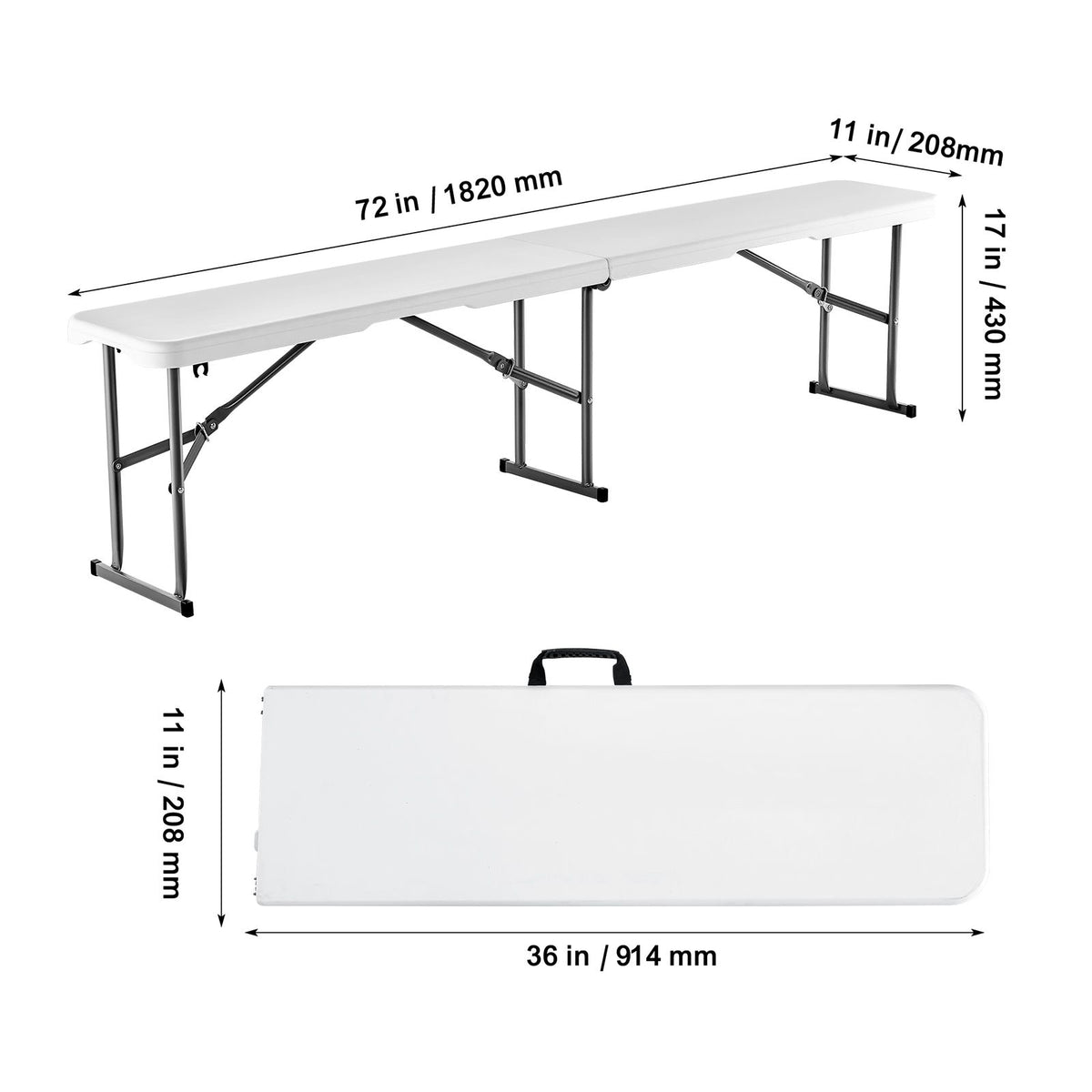 Plastic Folding Bench, 6 ft Portable Bench for Indoor/Outdoor Picnic Party Patio Camping Dining, Foldable Smooth HDPE Seat for Garden Soccer Multipurpose Entertaining Activities, 2 Pack, White