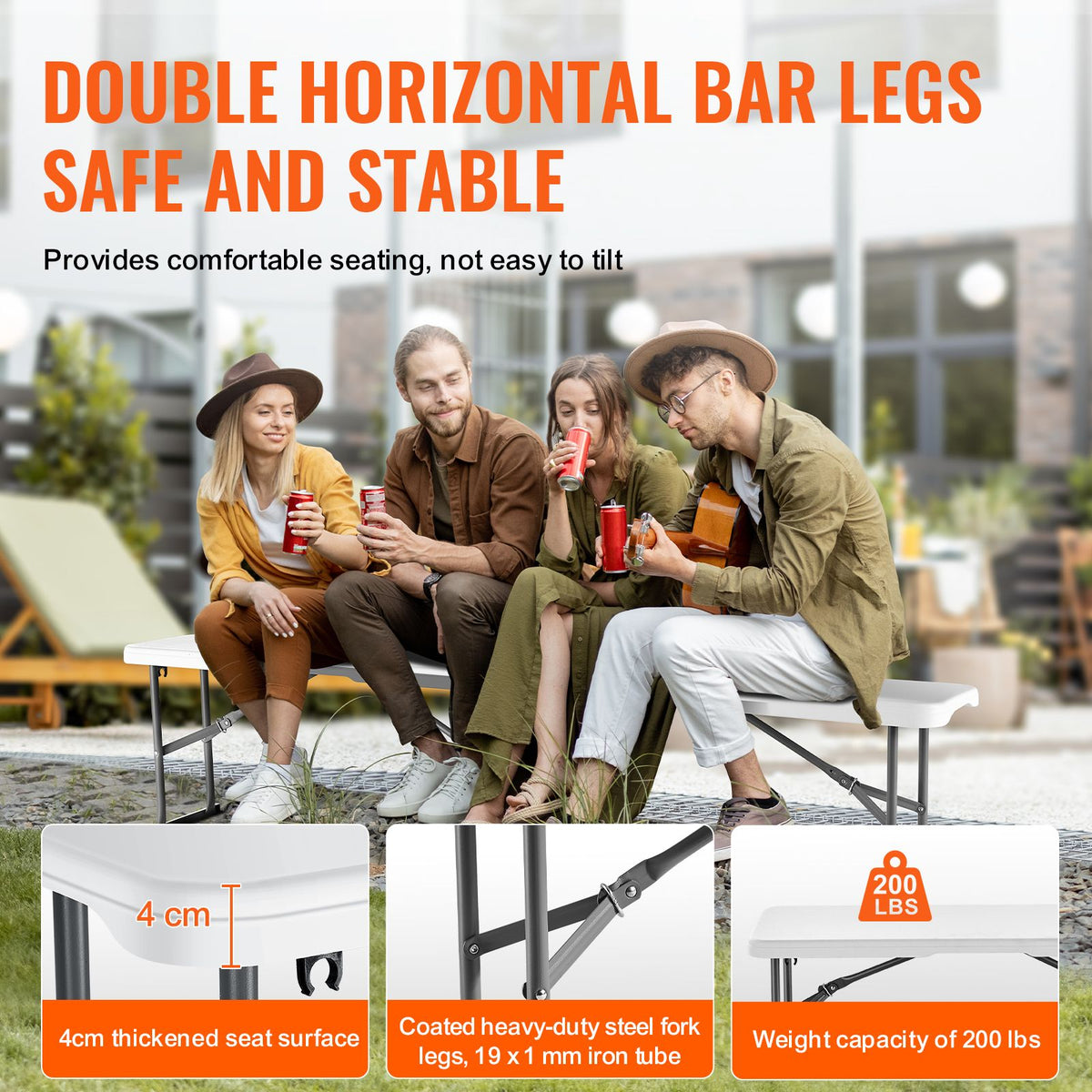 Plastic Folding Bench, 6 ft Portable Bench for Indoor/Outdoor Picnic Party Patio Camping Dining, Foldable Smooth HDPE Seat for Garden Soccer Multipurpose Entertaining Activities, 2 Pack, White