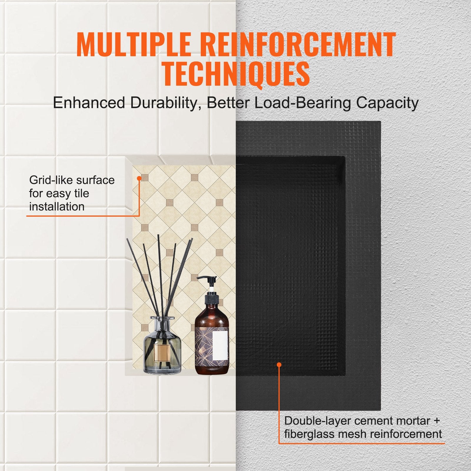 Bathroom Cabinets, Cupboards & Storage: VEVOR Shower Niche Ready for Tile 40.64 x 40.64 cm, Single Shelf Organizer, Square Corners Wall-inserted Niche Recessed, Sealed Protection Modern Soap Storage Niche for Shower Bathroom, Black
