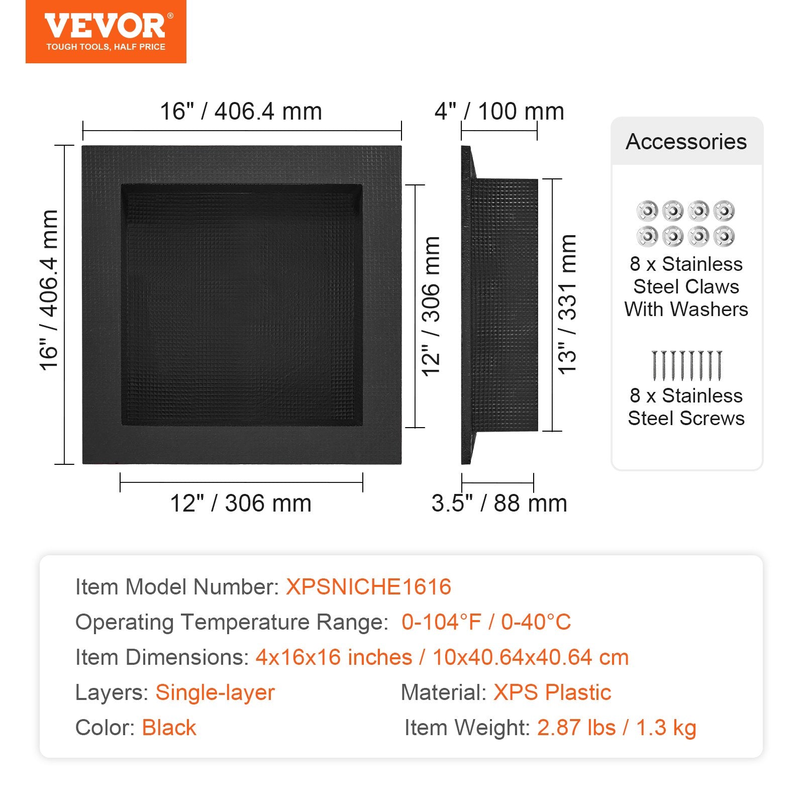 Bathroom Cabinets, Cupboards & Storage: VEVOR Shower Niche Ready for Tile 40.64 x 40.64 cm, Single Shelf Organizer, Square Corners Wall-inserted Niche Recessed, Sealed Protection Modern Soap Storage Niche for Shower Bathroom, Black