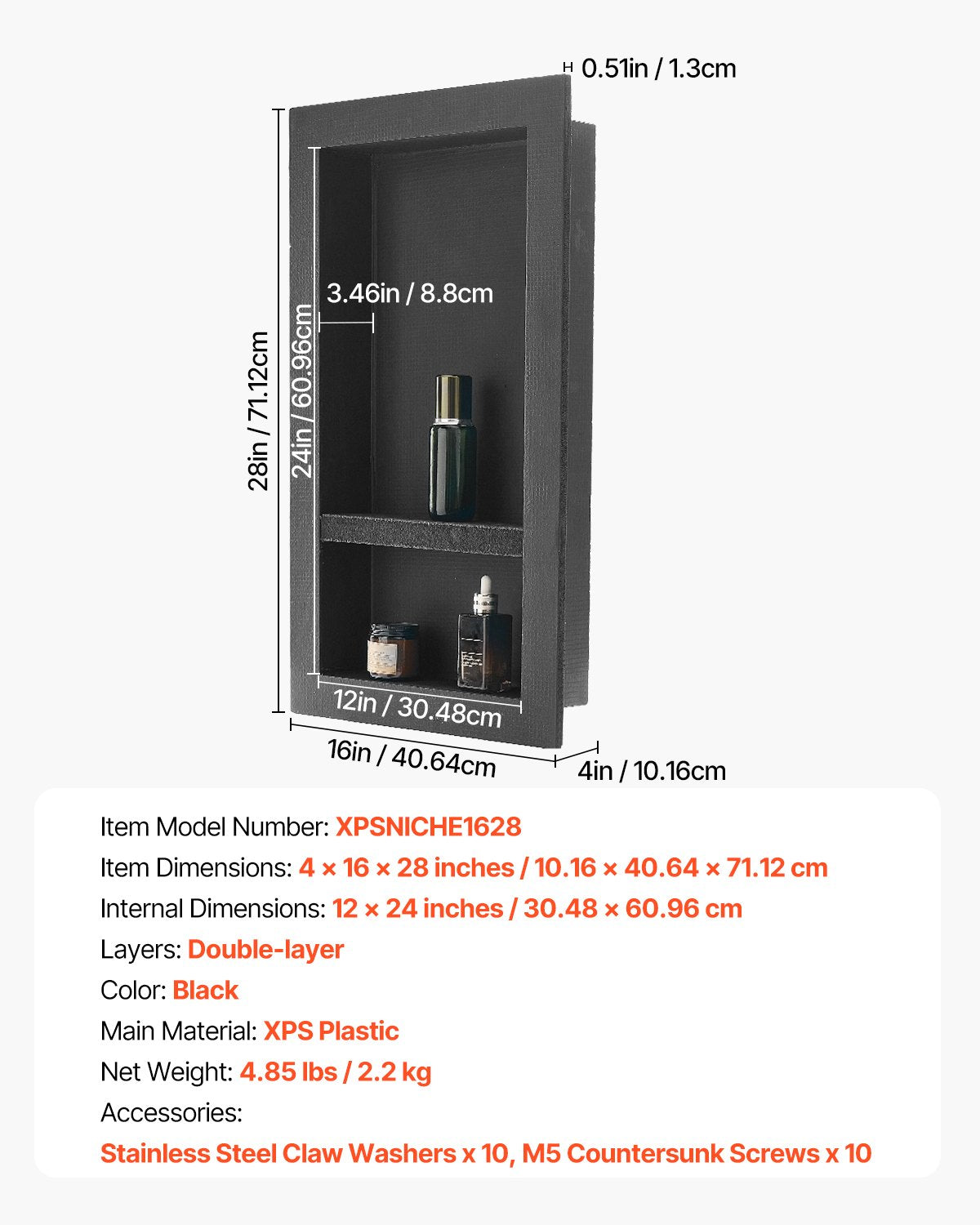 Bathroom Cabinets, Cupboards & Storage: VEVOR Shower Niche 40.6 x 71.1 x 10.2 cm Recessed Wall Shelf for Bathroom