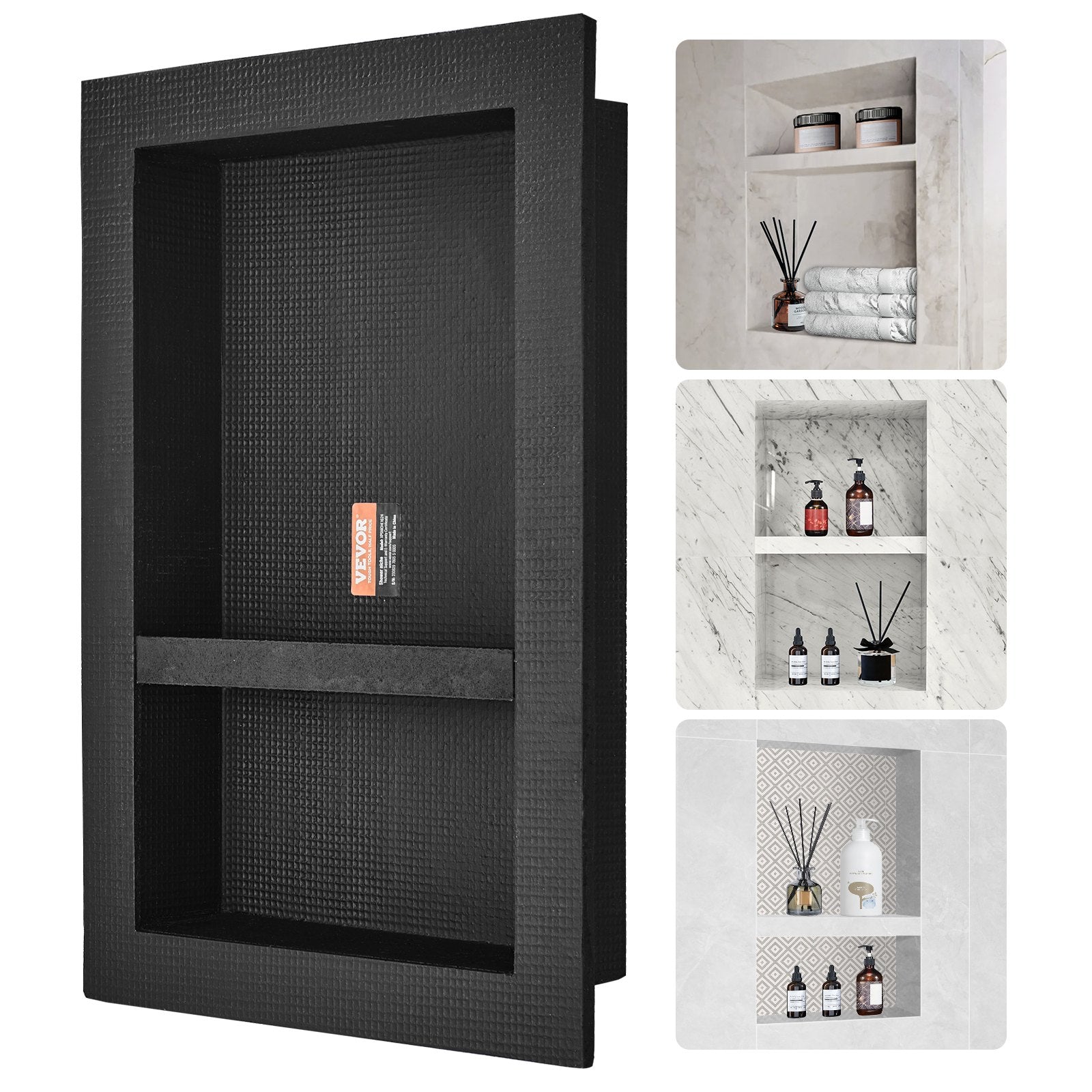 Bathroom Cabinets, Cupboards & Storage: VEVOR Shower Niche Ready for Tile 40.64 x 60.96 cm, 16 x 24 inch Double Shelf Organizer, Square Corners Wall-inserted Niche Recessed, Sealed Protection Modern Soap Storage Niche for Shower Bathroom, Black