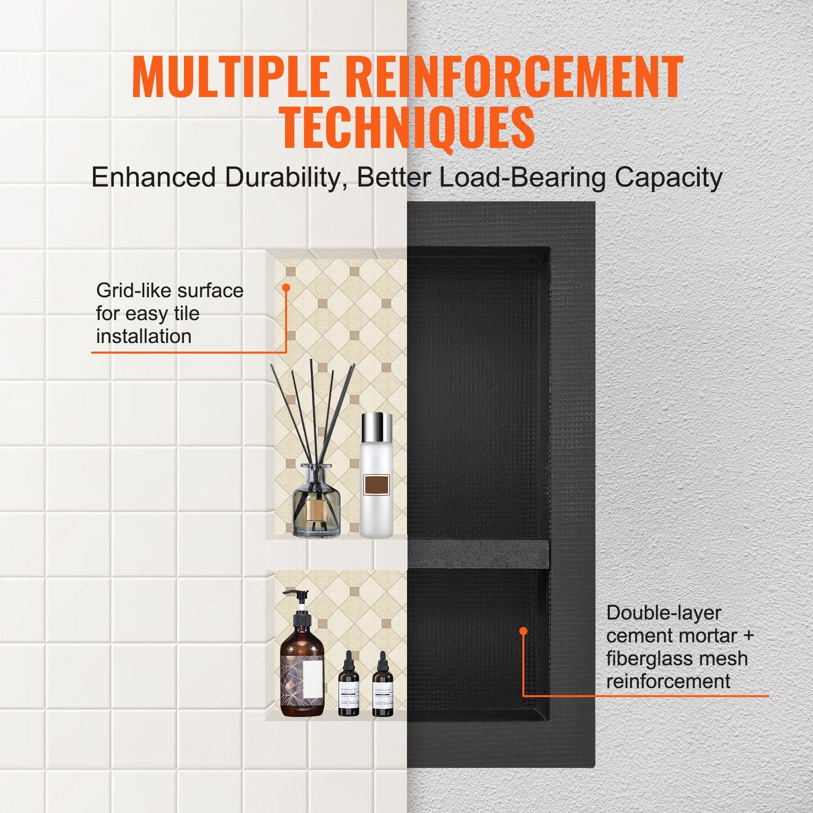 Bathroom Cabinets, Cupboards & Storage: VEVOR Shower Niche Ready for Tile 40.64 x 60.96 cm, 16 x 24 inch Double Shelf Organizer, Square Corners Wall-inserted Niche Recessed, Sealed Protection Modern Soap Storage Niche for Shower Bathroom, Black
