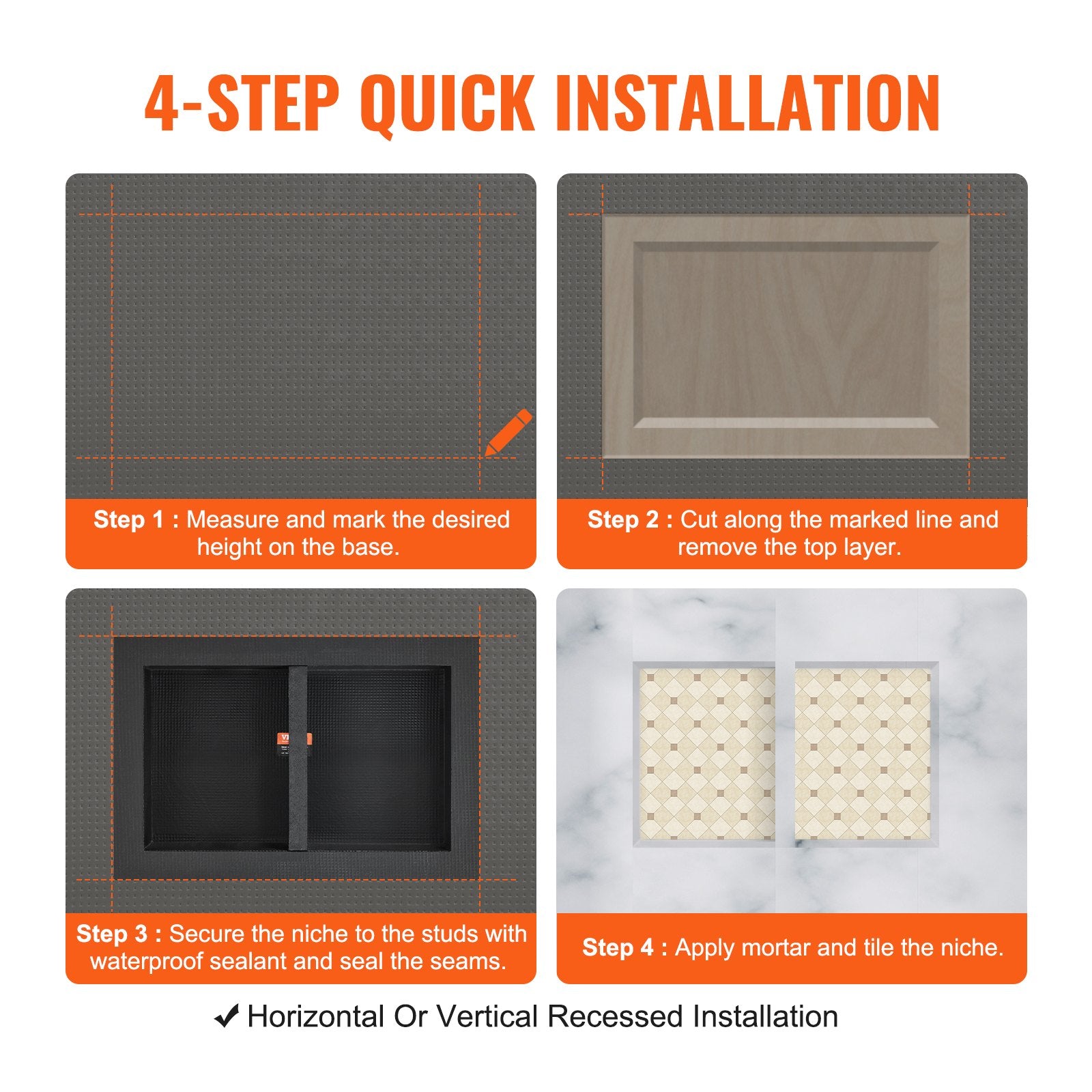 Bathroom Cabinets, Cupboards & Storage: VEVOR Shower Niche Ready for Tile 40.64 x 60.96 cm, 16 x 24 inch Double Shelf Organizer, Square Corners Wall-inserted Niche Recessed, Sealed Protection Modern Soap Storage Niche for Shower Bathroom, Black