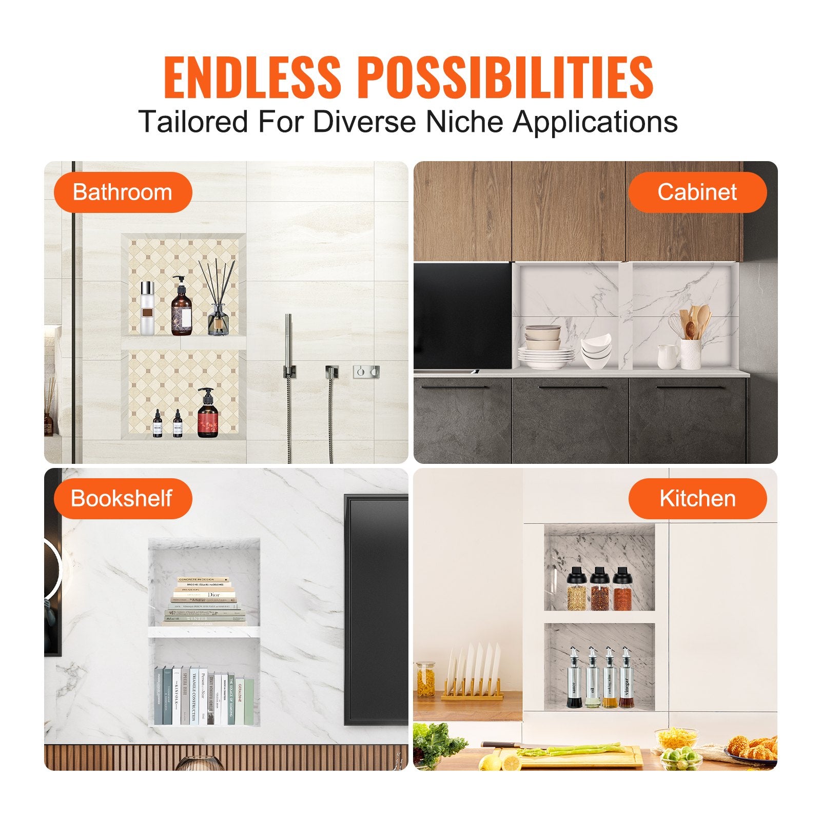 Bathroom Cabinets, Cupboards & Storage: VEVOR Shower Niche Ready for Tile 40.64 x 60.96 cm, 16 x 24 inch Double Shelf Organizer, Square Corners Wall-inserted Niche Recessed, Sealed Protection Modern Soap Storage Niche for Shower Bathroom, Black