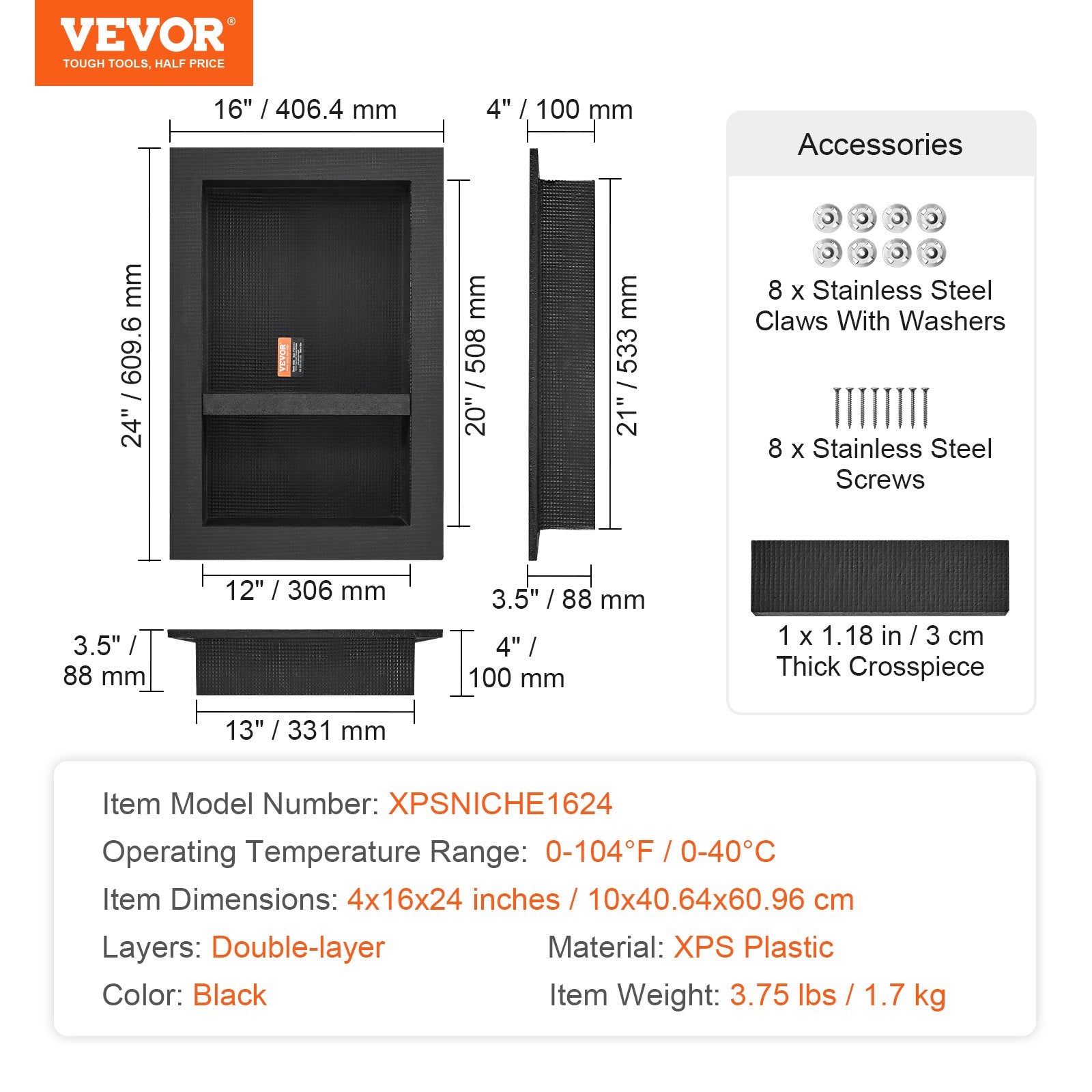 Bathroom Cabinets, Cupboards & Storage: VEVOR Shower Niche Ready for Tile 40.64 x 60.96 cm, 16 x 24 inch Double Shelf Organizer, Square Corners Wall-inserted Niche Recessed, Sealed Protection Modern Soap Storage Niche for Shower Bathroom, Black