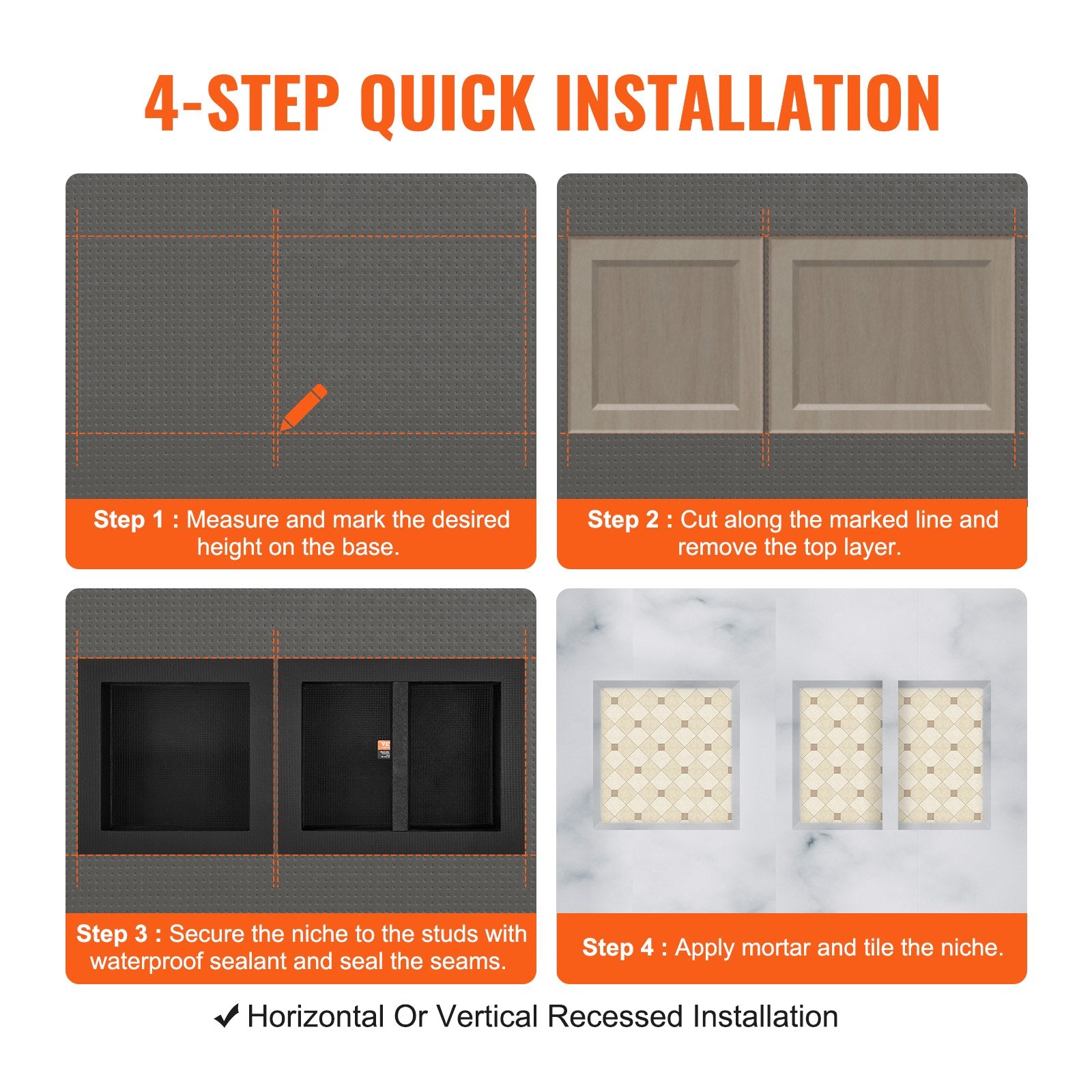 Shower Heads & Screens: VEVOR Shower Niche Ready for Tile 40.64x40.64cm & 40.64x50.8cm, Triple Shelf, Square Corners Wall-inserted Niche Recessed, Sealed Protection Modern Soap Storage Niche for Shower Bathroom, Black