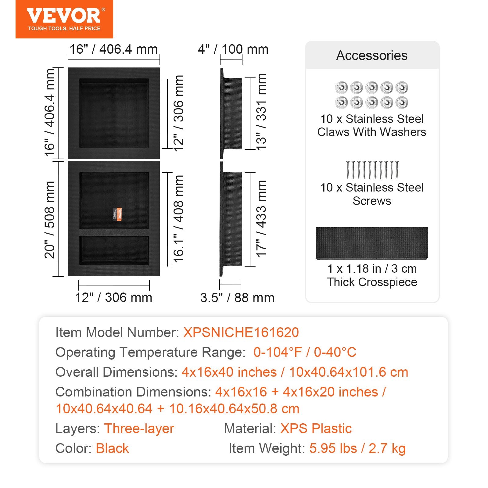 Shower Heads & Screens: VEVOR Shower Niche Ready for Tile 40.64x40.64cm & 40.64x50.8cm, Triple Shelf, Square Corners Wall-inserted Niche Recessed, Sealed Protection Modern Soap Storage Niche for Shower Bathroom, Black