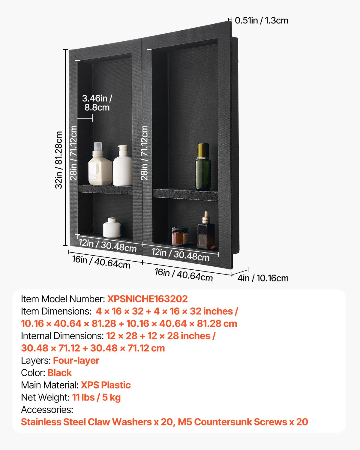 Bathroom Cabinets, Cupboards & Storage: VEVOR Shower Niche 40.6 x 81.3 + 40.6 x 81.3 cm Recessed Wall Shelf Bathroom