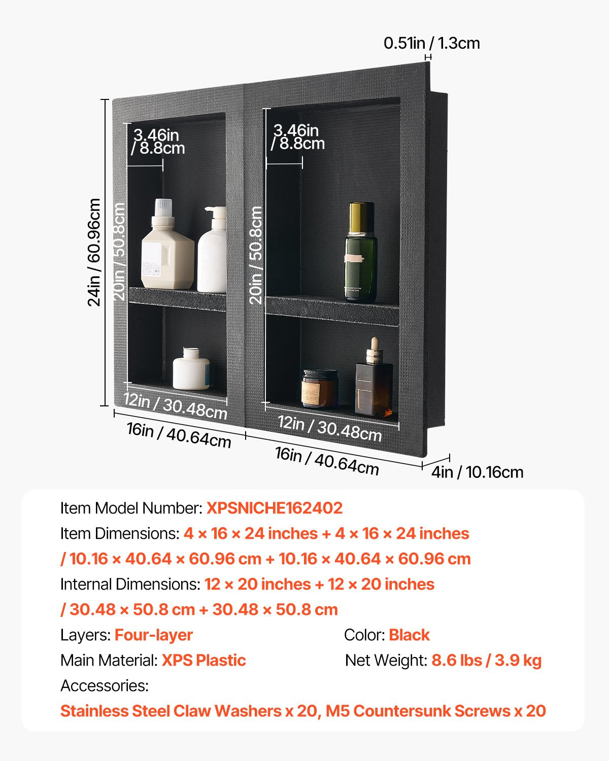 Bathroom Cabinets, Cupboards & Storage: VEVOR Shower Niche 40.6 x 61+40.6 x 61 cm Recessed Wall Organizer Bathroom