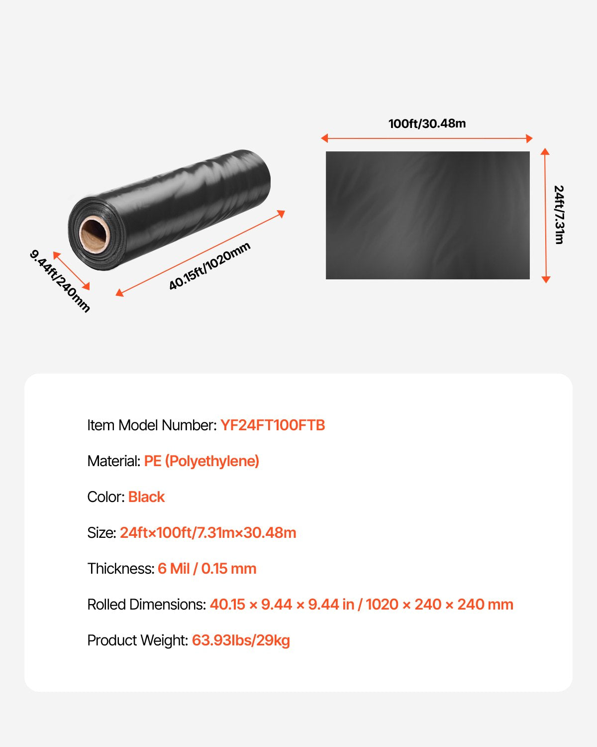 6Mil Plastic Sheeting Roll 24 x 100 FT Heavy Duty Polyethylene Black