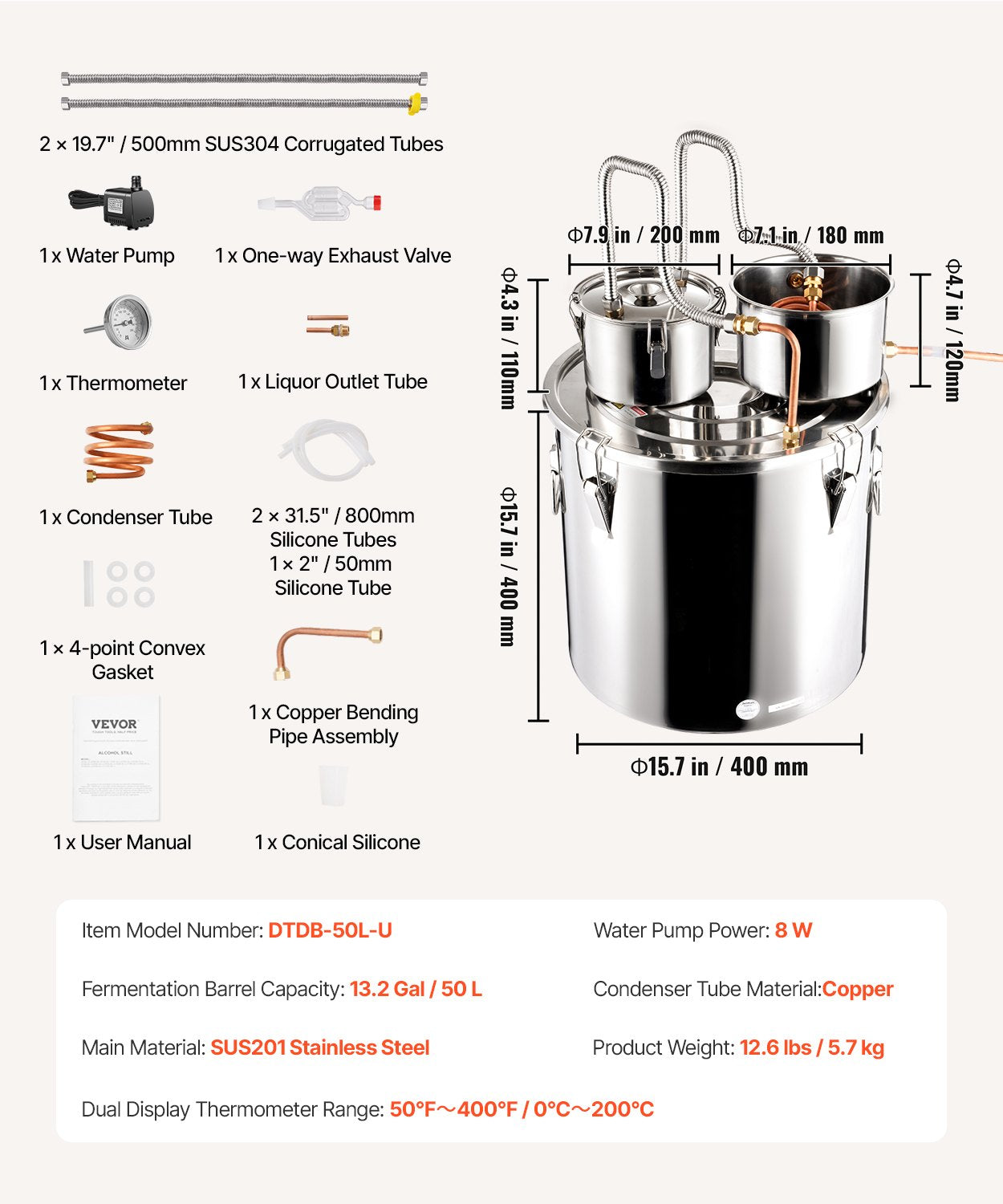 Distilling & Brewing: VEVOR Moonshine Still Water Alcohol Distiller 13.2Gal w/Thumper Keg & Water Pump