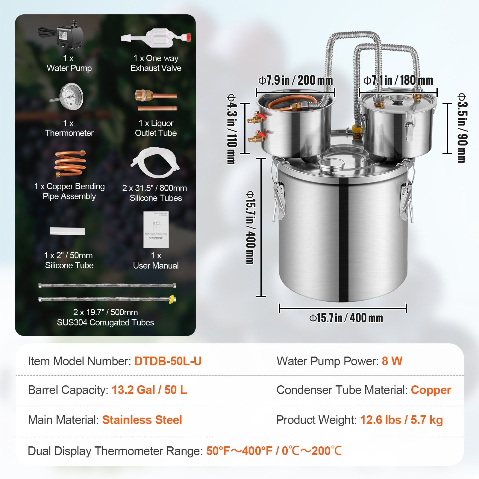 Distilling & Brewing: VEVOR Moonshine Still Water Alcohol Distiller 13.2Gal w/Thumper Keg & Water Pump
