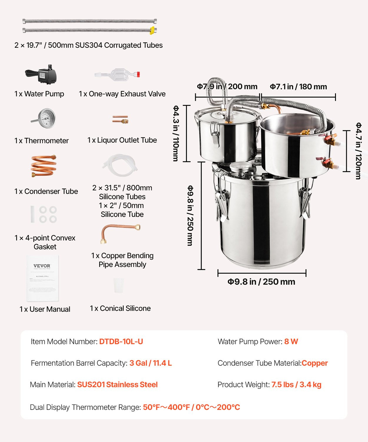 Distilling & Brewing: VEVOR Moonshine Still Water Alcohol Distiller 3Gal w/Thumper Keg & 8W Water Pump