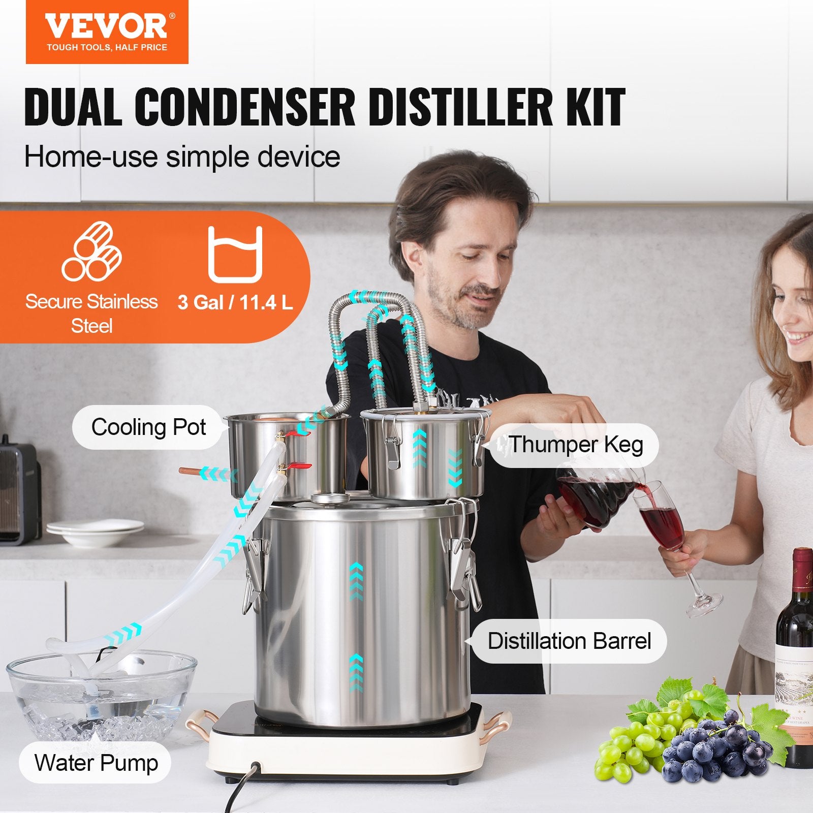Alcohol Still, 3 Gal / 11.4 L Stainless Steel Water Alcohol Distiller with Copper Coil for Fast Cooling, Dual Condenser Distiller Kit with Secondary Distillation, for Wine Whisky Brandy, Silver