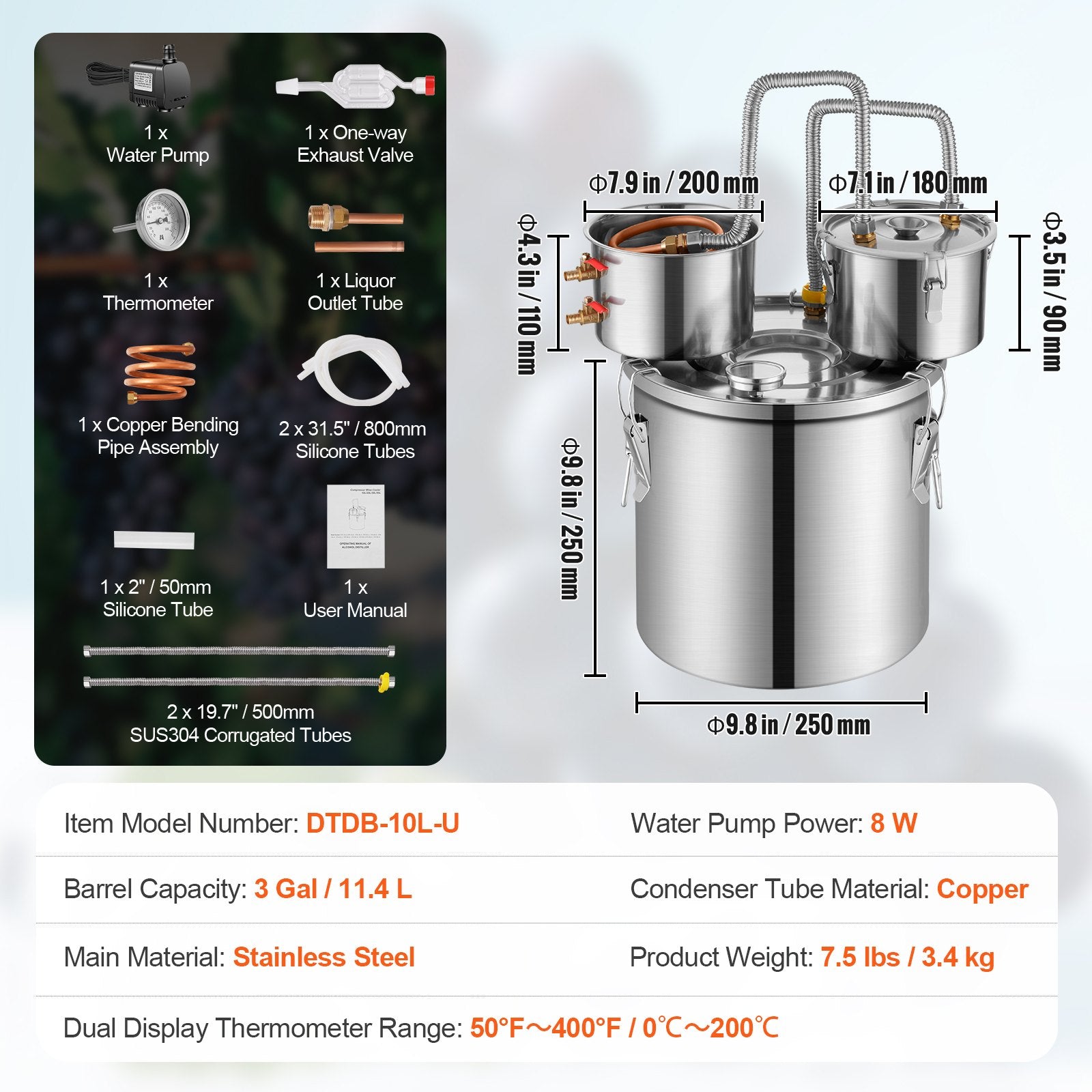 Alcohol Still, 3 Gal / 11.4 L Stainless Steel Water Alcohol Distiller with Copper Coil for Fast Cooling, Dual Condenser Distiller Kit with Secondary Distillation, for Wine Whisky Brandy, Silver