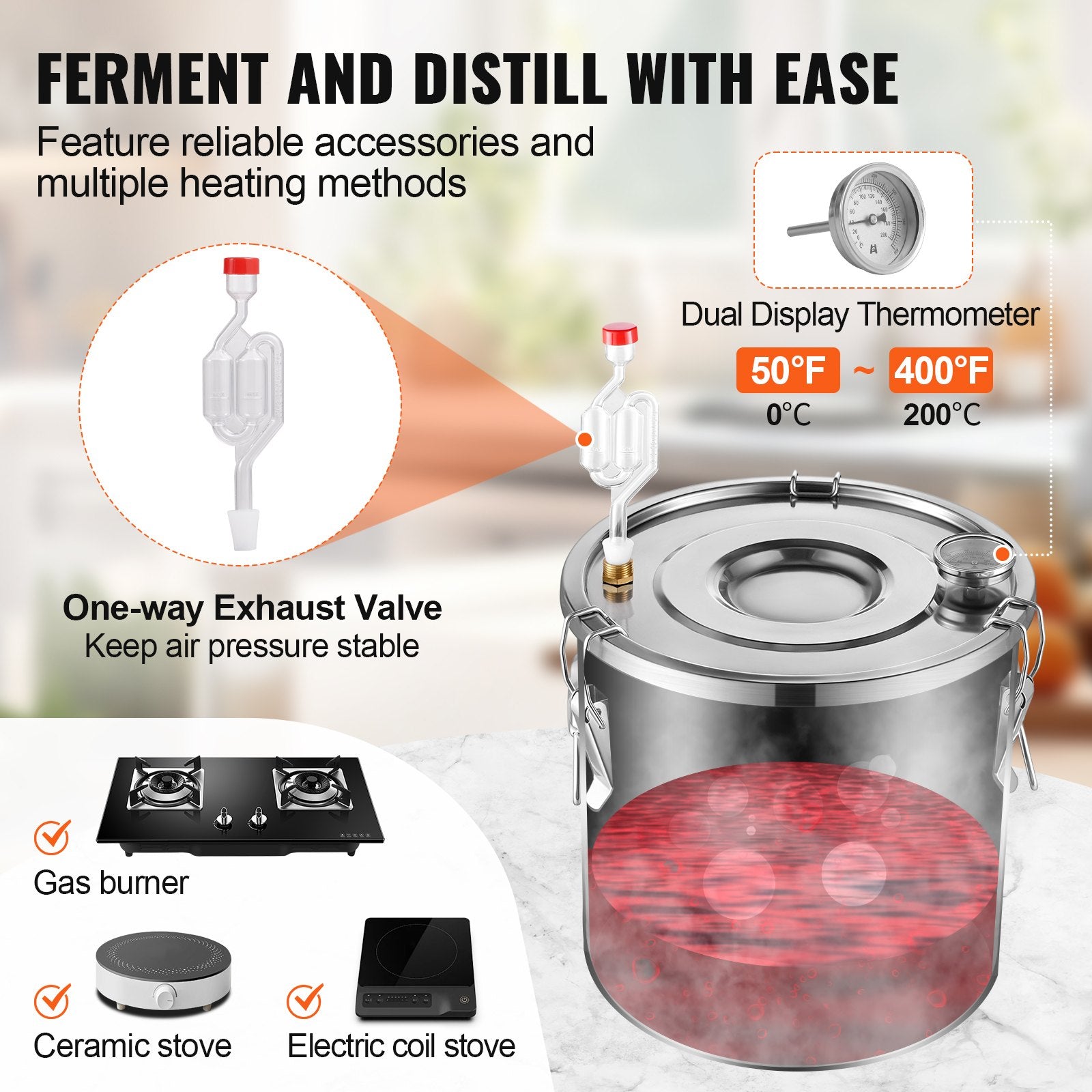 Distilling & Brewing: VEVOR Alcohol Still, 5 Gal / 19 L Stainless Steel Water Alcohol Distiller with Copper Coil for Fast Cooling, Dual Condenser Distiller Kit with Secondary Distillation, for Wine Whisky Brandy, Silver