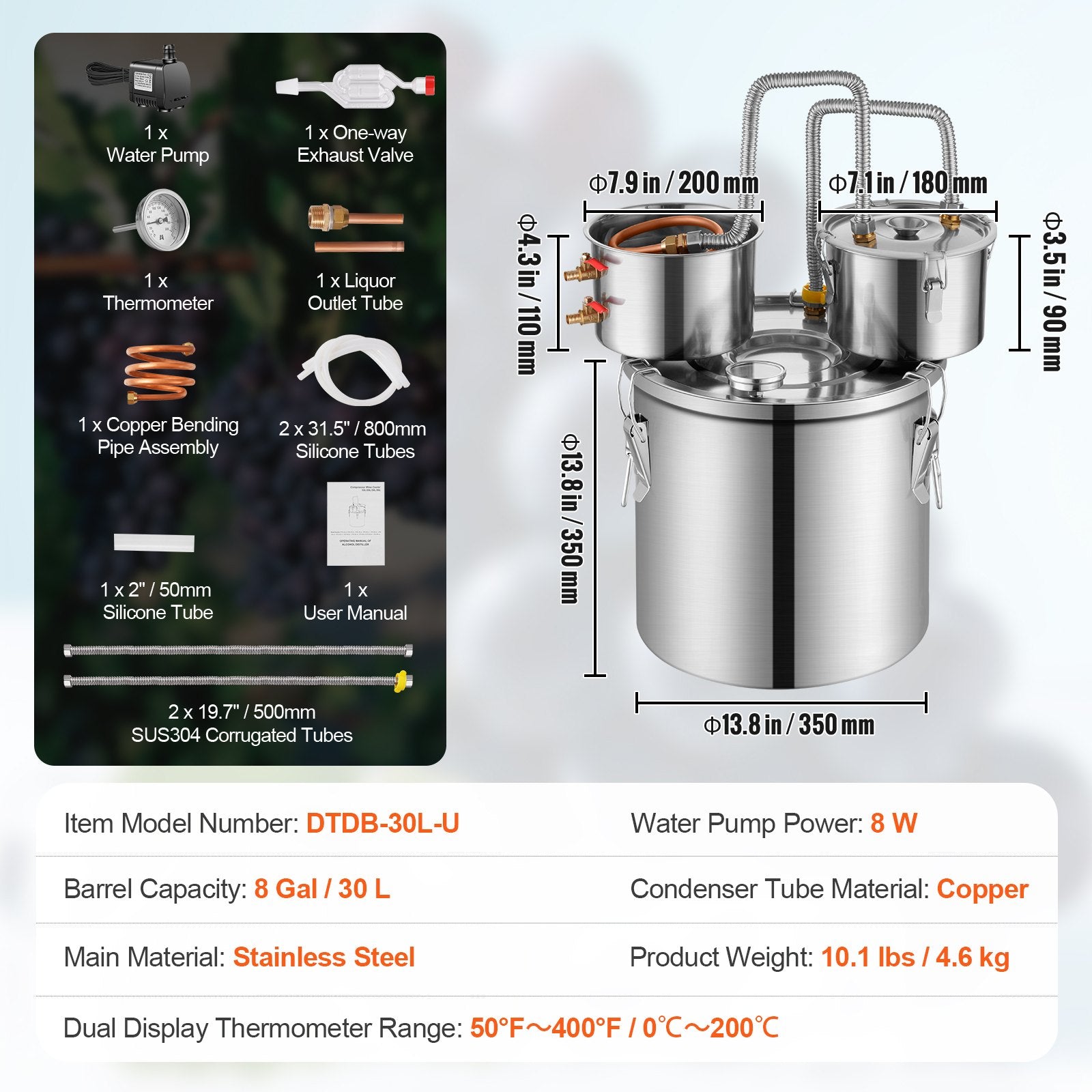 Distilling & Brewing: VEVOR Moonshine Still Water Alcohol Distiller 8Gal w/Thumper Keg & 8W Water Pump