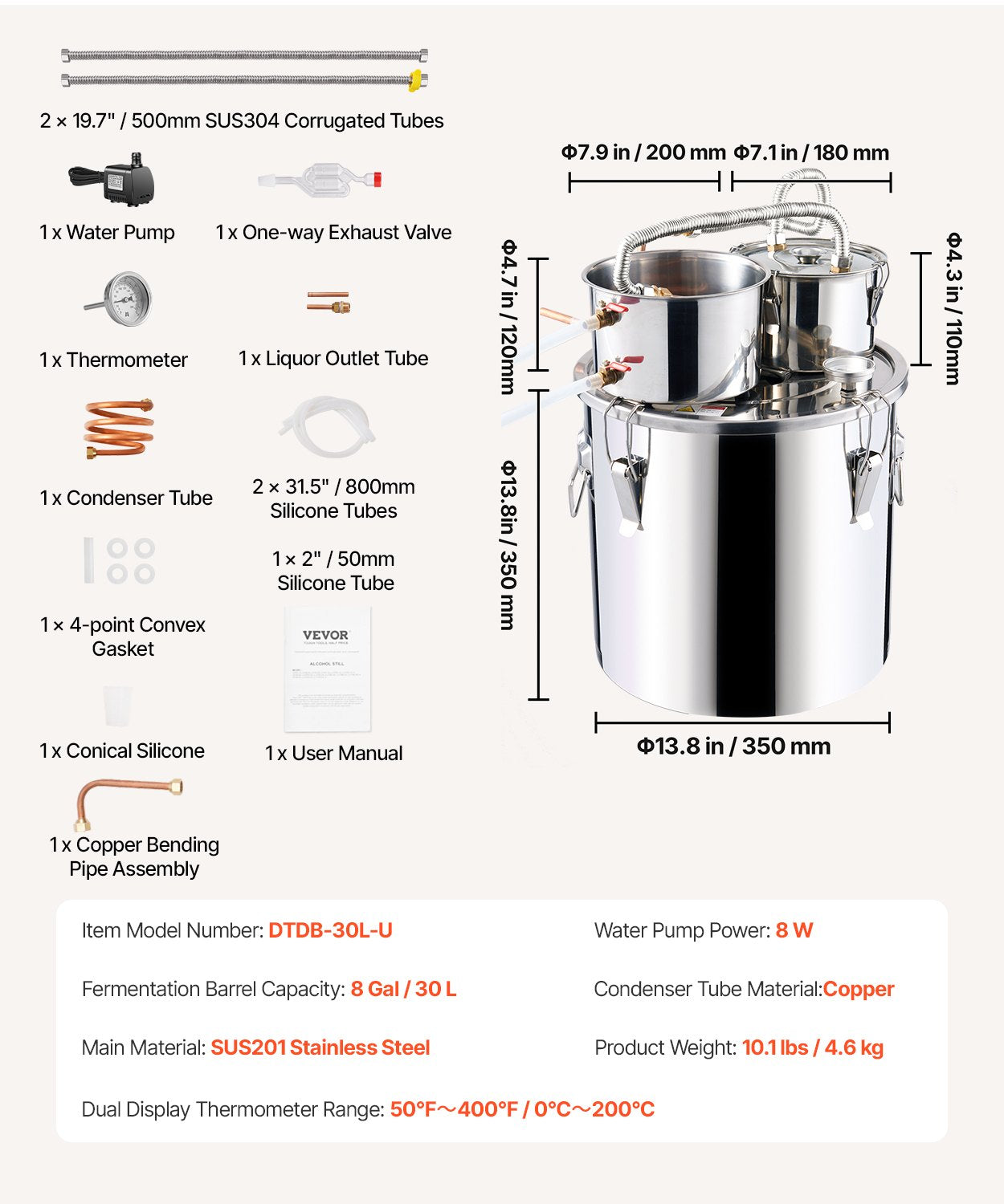 Distilling & Brewing: VEVOR Moonshine Still Water Alcohol Distiller 8Gal w/Thumper Keg & 8W Water Pump