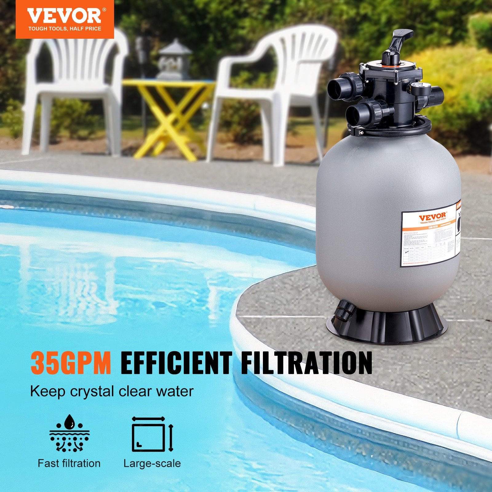 Fountain & Ponds Accessories: VEVOR Sand Filter, 16-inch, 406.4mm, Up to 35 GPM Flow Rate, Above Inground Swimming Pool Sand Filter System with 7-Way Multi-Port Valve, Filter, Backwash, Rinse, Recirculate, Waste, Winter, Closed Functions