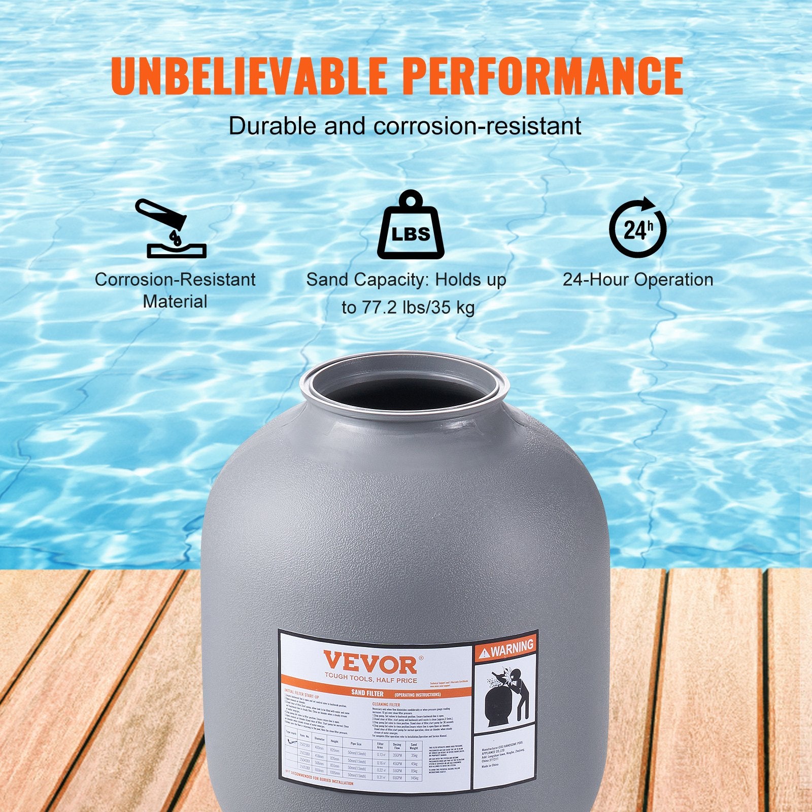 Fountain & Ponds Accessories: VEVOR Sand Filter, 16-inch, 406.4mm, Up to 35 GPM Flow Rate, Above Inground Swimming Pool Sand Filter System with 7-Way Multi-Port Valve, Filter, Backwash, Rinse, Recirculate, Waste, Winter, Closed Functions