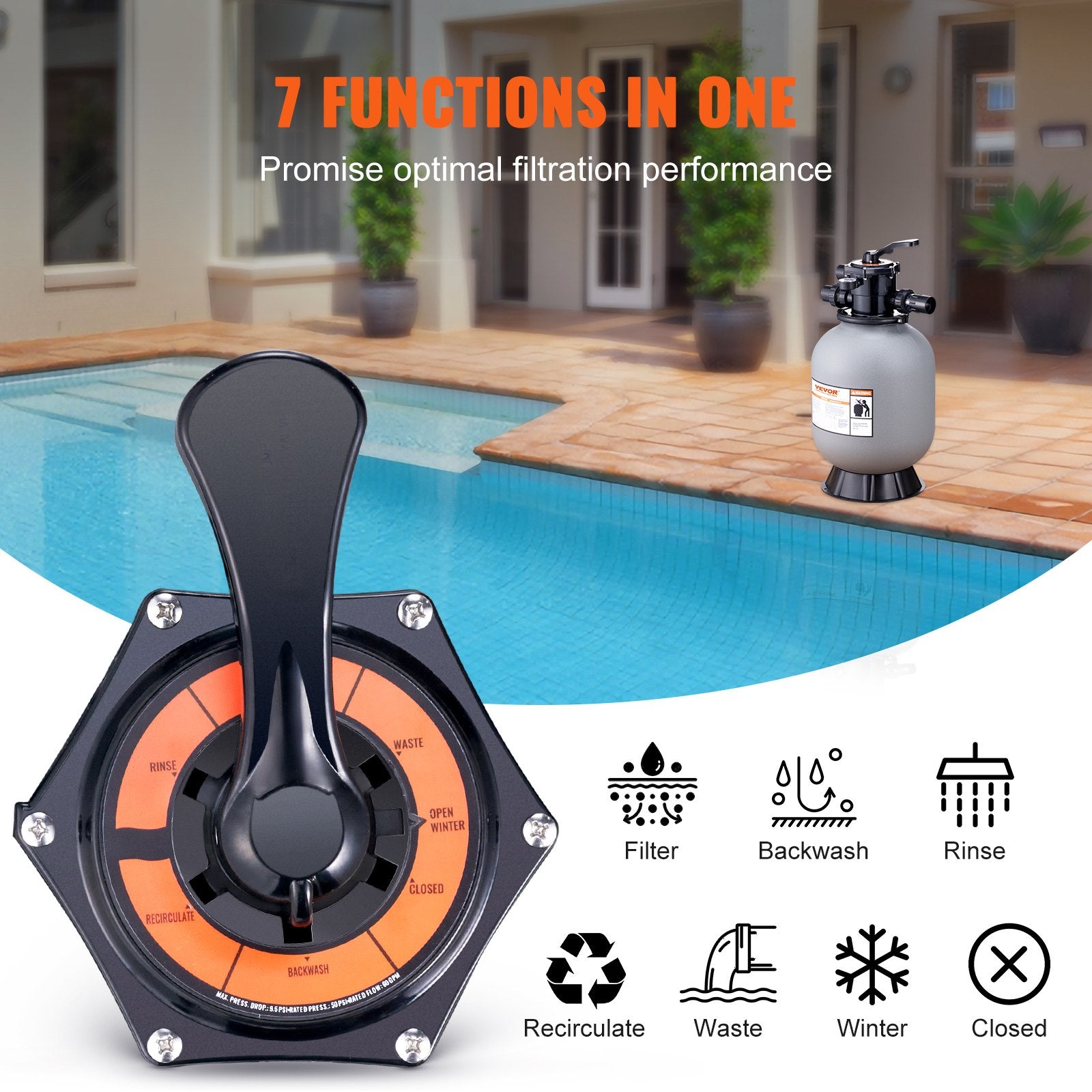 Fountain & Ponds Accessories: VEVOR Sand Filter, 16-inch, 406.4mm, Up to 35 GPM Flow Rate, Above Inground Swimming Pool Sand Filter System with 7-Way Multi-Port Valve, Filter, Backwash, Rinse, Recirculate, Waste, Winter, Closed Functions