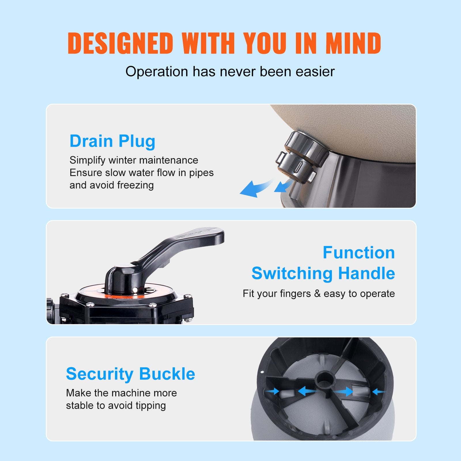 Fountain & Ponds Accessories: VEVOR Sand Filter, 16-inch, 406.4mm, Up to 35 GPM Flow Rate, Above Inground Swimming Pool Sand Filter System with 7-Way Multi-Port Valve, Filter, Backwash, Rinse, Recirculate, Waste, Winter, Closed Functions