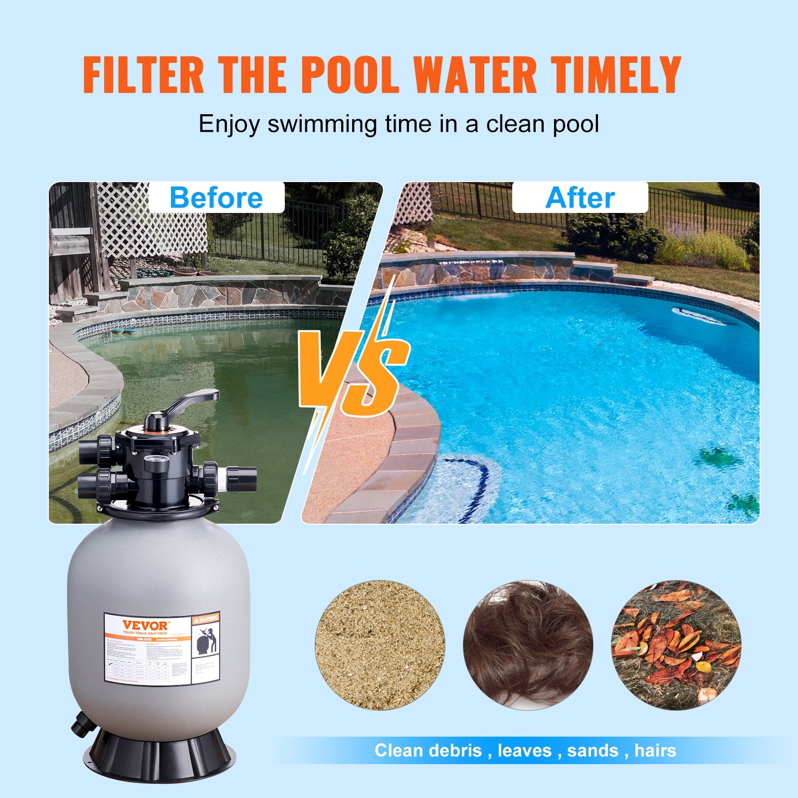 Fountain & Ponds Accessories: VEVOR Sand Filter, 16-inch, 406.4mm, Up to 35 GPM Flow Rate, Above Inground Swimming Pool Sand Filter System with 7-Way Multi-Port Valve, Filter, Backwash, Rinse, Recirculate, Waste, Winter, Closed Functions