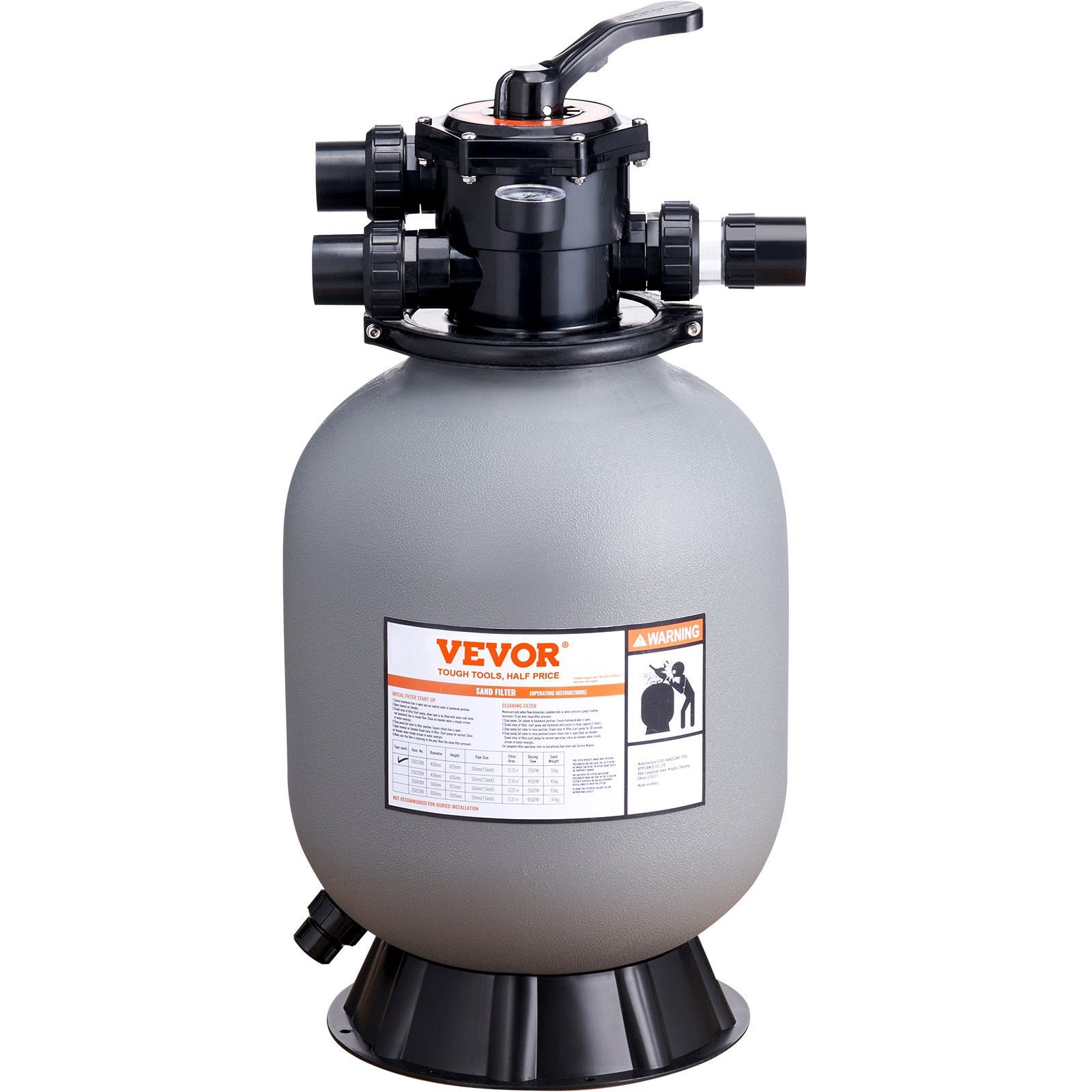 Fountain & Ponds Accessories: VEVOR Sand Filter, 16-inch, 406.4mm, Up to 35 GPM Flow Rate, Above Inground Swimming Pool Sand Filter System with 7-Way Multi-Port Valve, Filter, Backwash, Rinse, Recirculate, Waste, Winter, Closed Functions