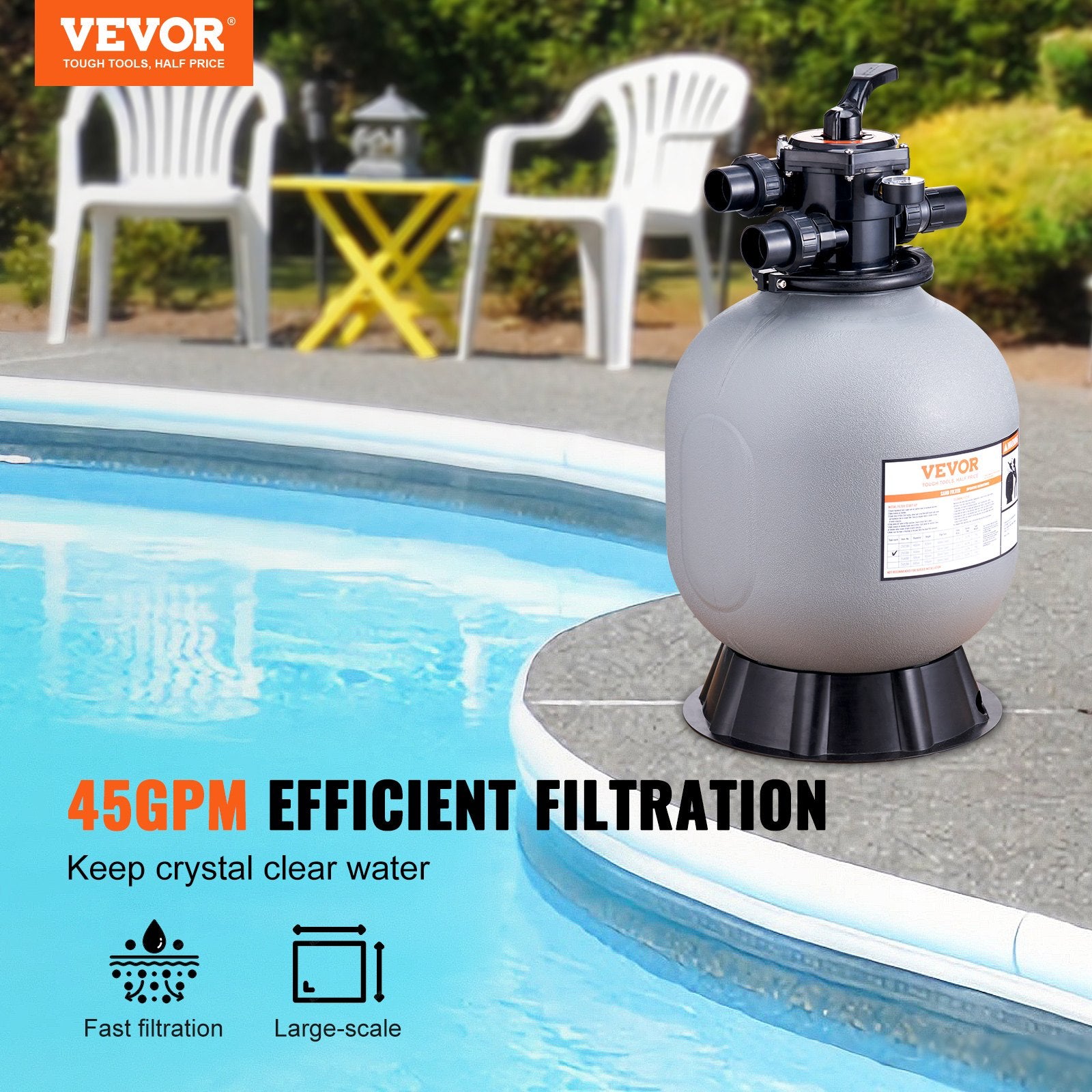 Fountain & Ponds Accessories: VEVOR Sand Filter, 19-inch, 482.6mm, Up to 45 GPM Flow Rate, Above Inground Swimming Pool Sand Filter System with 7-Way Multi-Port Valve, Filter, Backwash, Rinse, Recirculate, Waste, Winter, Closed Functions