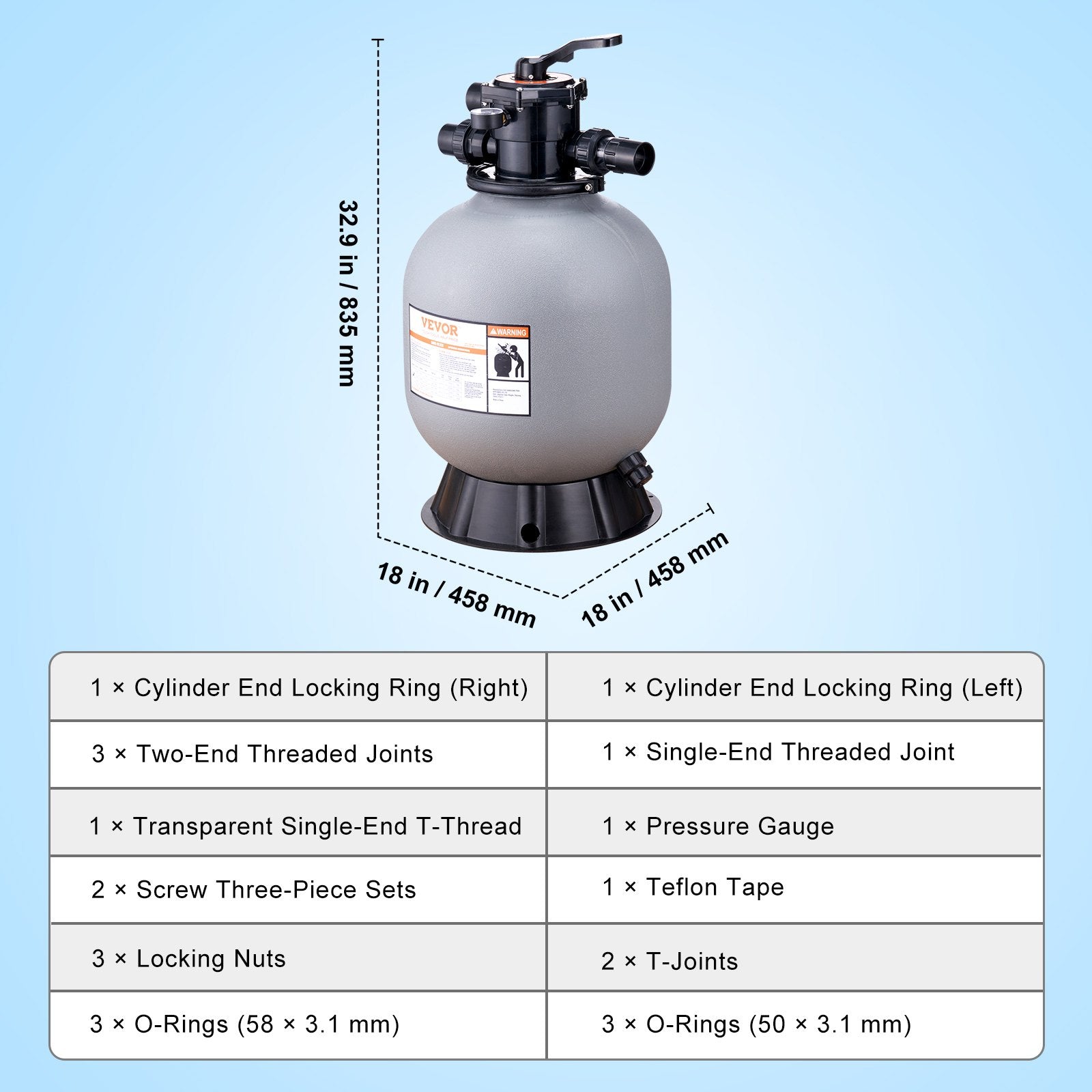 Fountain & Ponds Accessories: VEVOR Sand Filter, 19-inch, 482.6mm, Up to 45 GPM Flow Rate, Above Inground Swimming Pool Sand Filter System with 7-Way Multi-Port Valve, Filter, Backwash, Rinse, Recirculate, Waste, Winter, Closed Functions