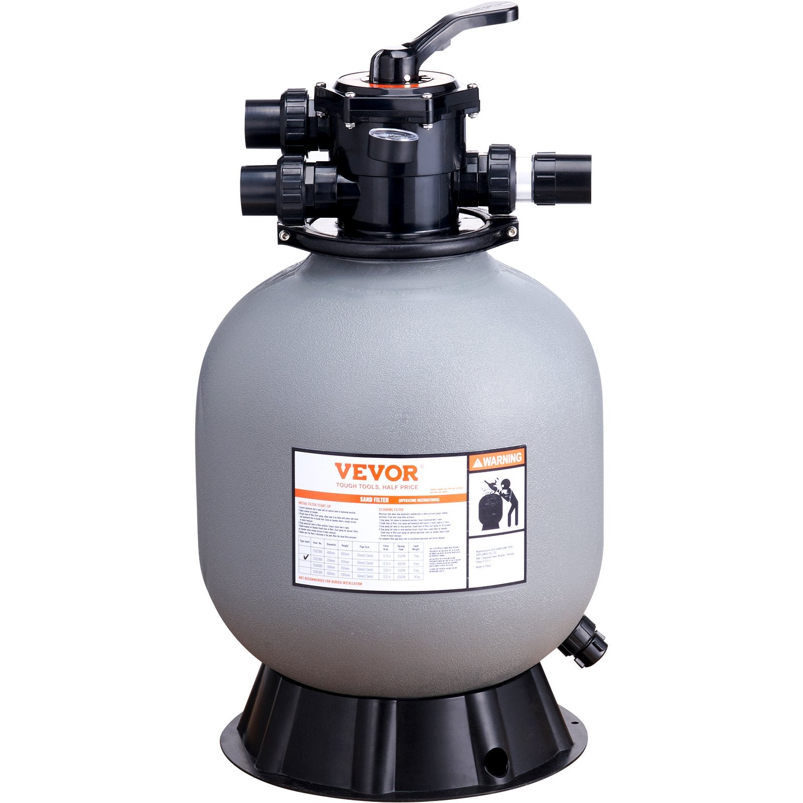 Fountain & Ponds Accessories: VEVOR Sand Filter, 19-inch, 482.6mm, Up to 45 GPM Flow Rate, Above Inground Swimming Pool Sand Filter System with 7-Way Multi-Port Valve, Filter, Backwash, Rinse, Recirculate, Waste, Winter, Closed Functions