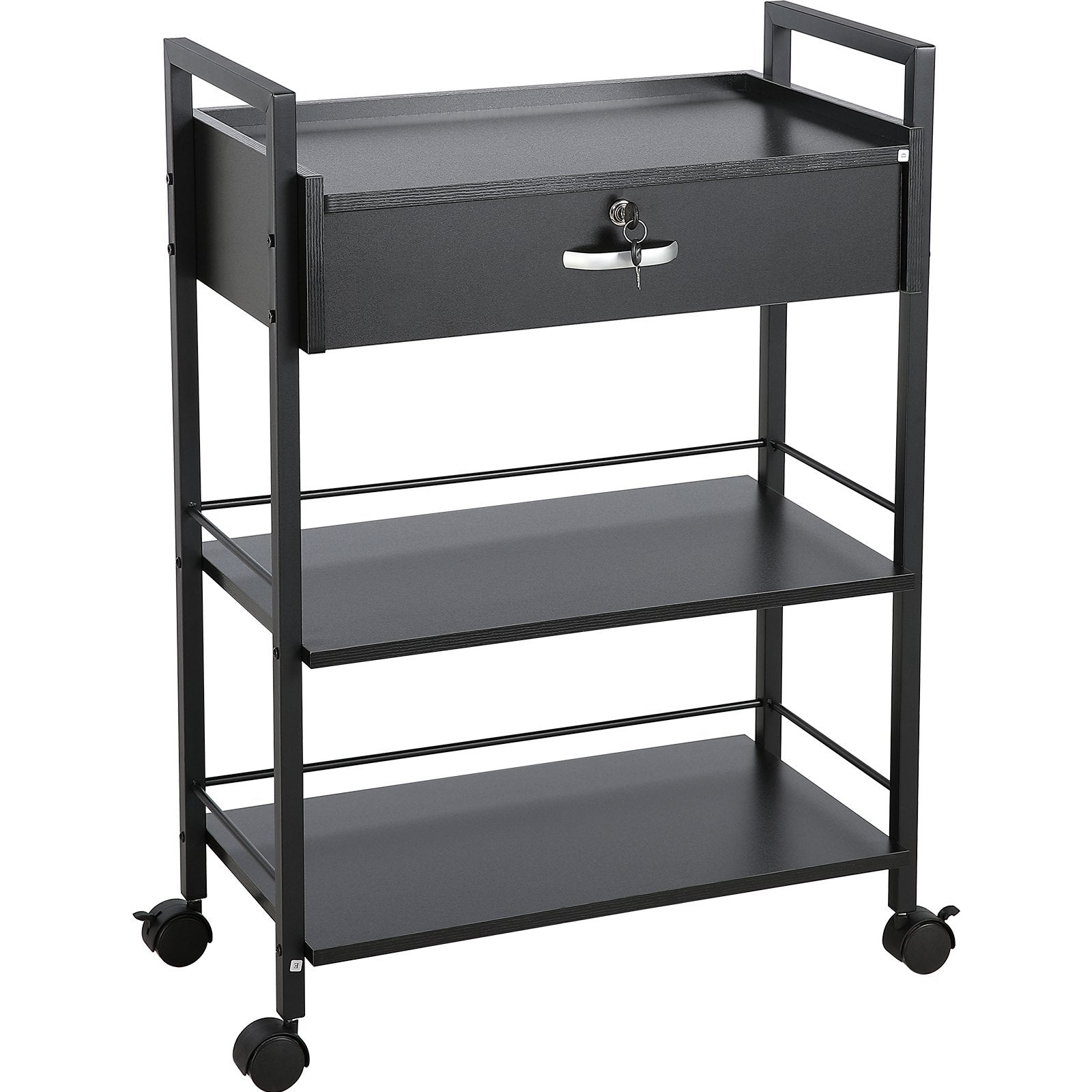 Beauty Salon Trolley Cart, 3-Tier Hair Salon Stations Cabinet for Stylist with Lockable Drawer, MDF Rolling Storage Station with 4 Wheels (2 Lockable) for Beauty SPA Barbershop Tattoo