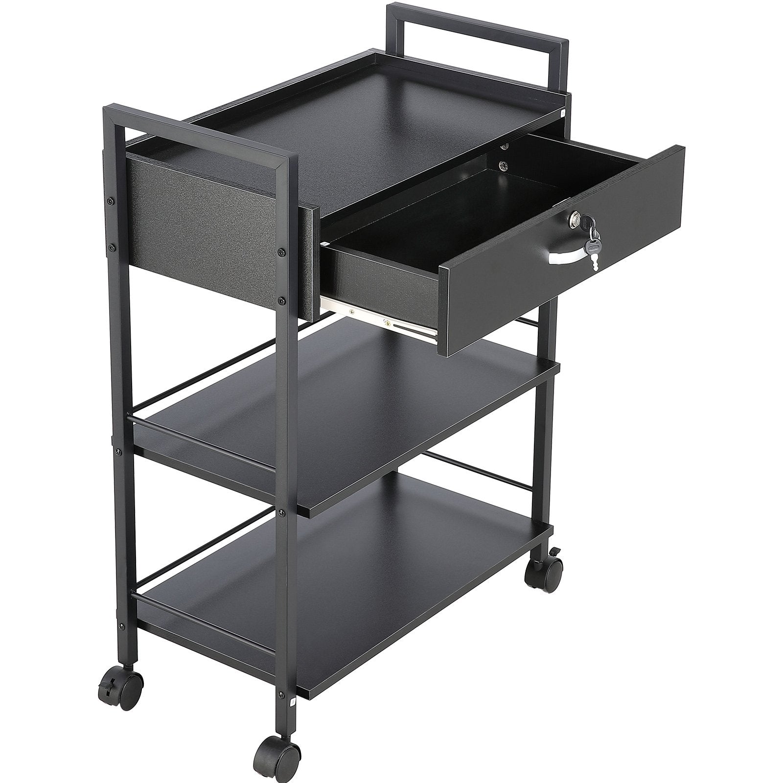 Beauty Salon Trolley Cart, 3-Tier Hair Salon Stations Cabinet for Stylist with Lockable Drawer, MDF Rolling Storage Station with 4 Wheels (2 Lockable) for Beauty SPA Barbershop Tattoo