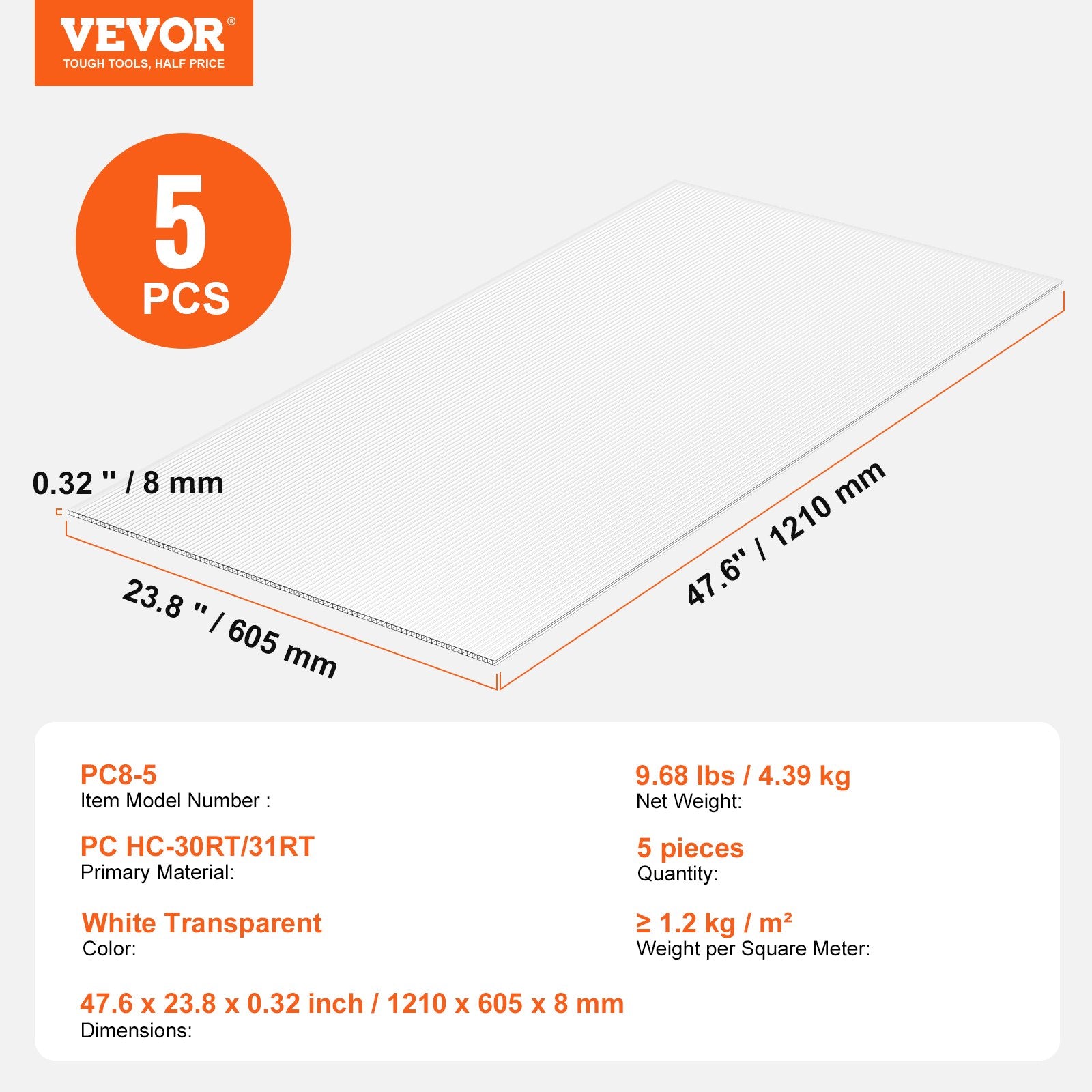 Caravan Accessories: VEVOR 5 Pack Polycarbonate Greenhouse Panels 2' X 4' X 0.32'' Roof Sheets
