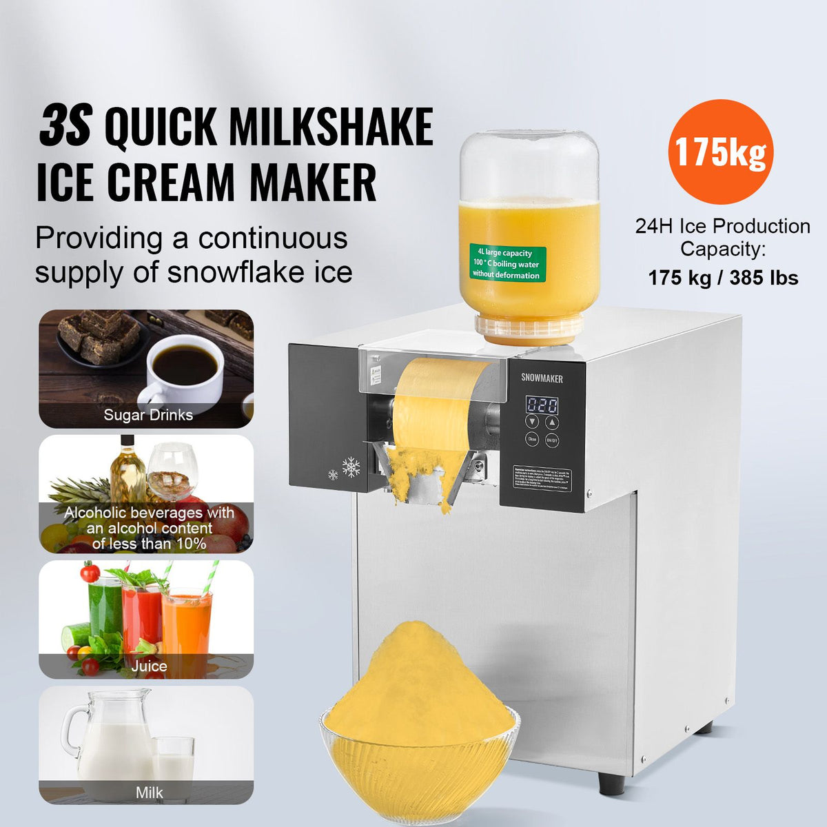 Commercial Snowflake Ice Machine, 385LBS/24H Snowflake Ice Maker, Stainless Steel Ice Shaver Machine, Electric Snow Cone Maker, Liquid Cooling System for Rapid Heat Dissipation, Ice Cream