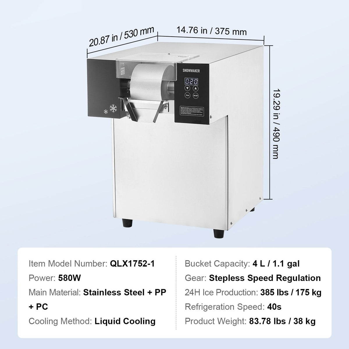 Commercial Snowflake Ice Machine, 385LBS/24H Snowflake Ice Maker, Stainless Steel Ice Shaver Machine, Electric Snow Cone Maker, Liquid Cooling System for Rapid Heat Dissipation, Ice Cream