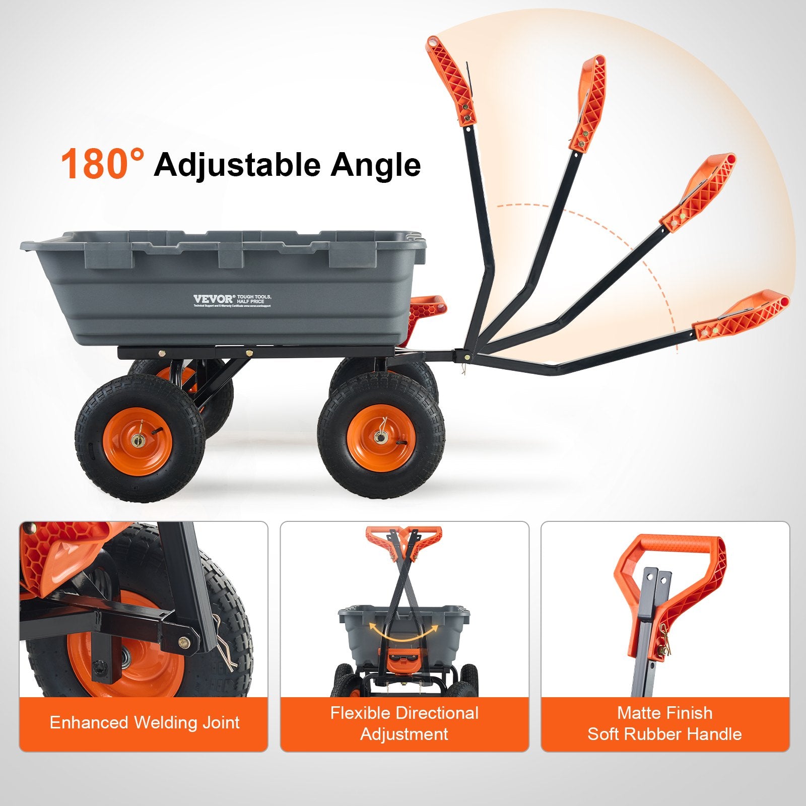 Dump Cart, Poly Garden Dump Cart with Easy to Assemble Steel Frame, Dump Wagon with 2-in-1 Convertible Handle, Utility Wheelbarrow 544kg/ 1200lbs Capacity, 33cm/ 13 inch Tires