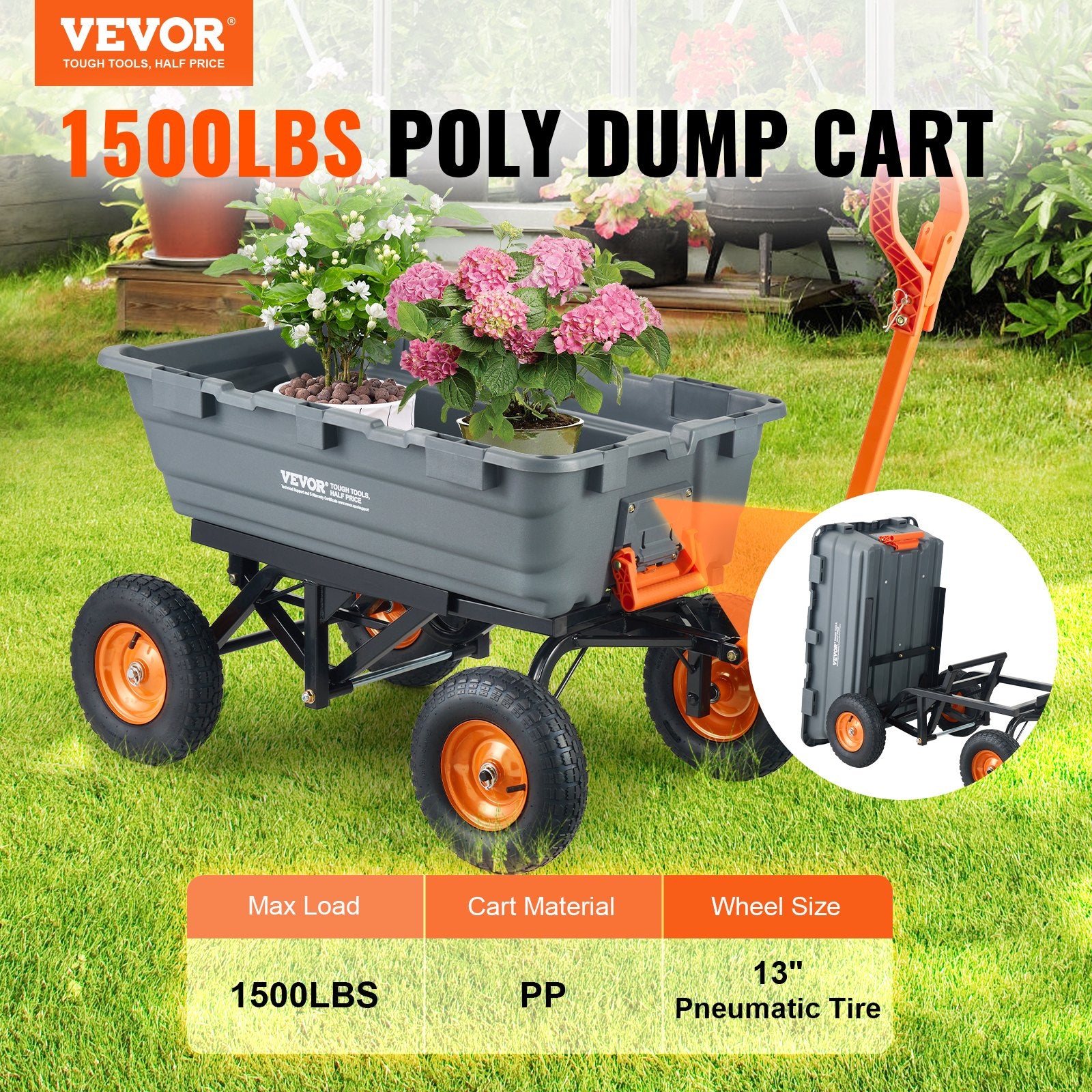 Dump Cart, Poly Garden Dump Cart with Easy to Assemble Steel Frame, Dump Wagon with 2-in-1 Convertible Handle, Utility Wheelbarrow 1500 lbs Capacity, 13 inch Tires